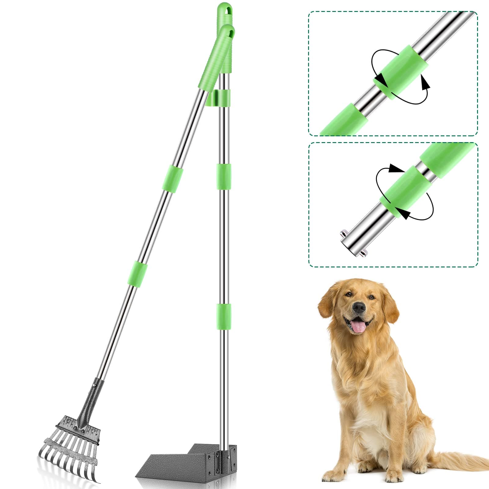 TNELTUEB Dog Pooper Scooper, Metal Pet Poop Tray & Rake - 37 Inches Pet Waste Removal Long Handle Bin with Rake for Dog, Green