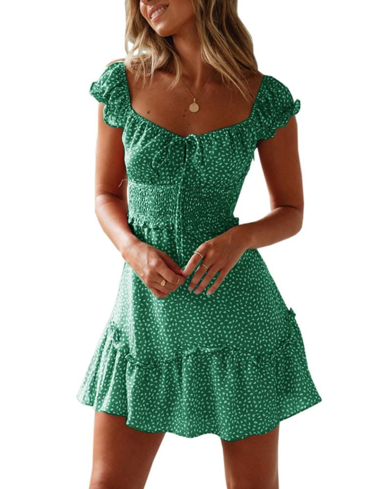 YOBECHOWomens Summer Ruffle Sleeve Sweetheart Neckline Printing Dress Mini Dresses