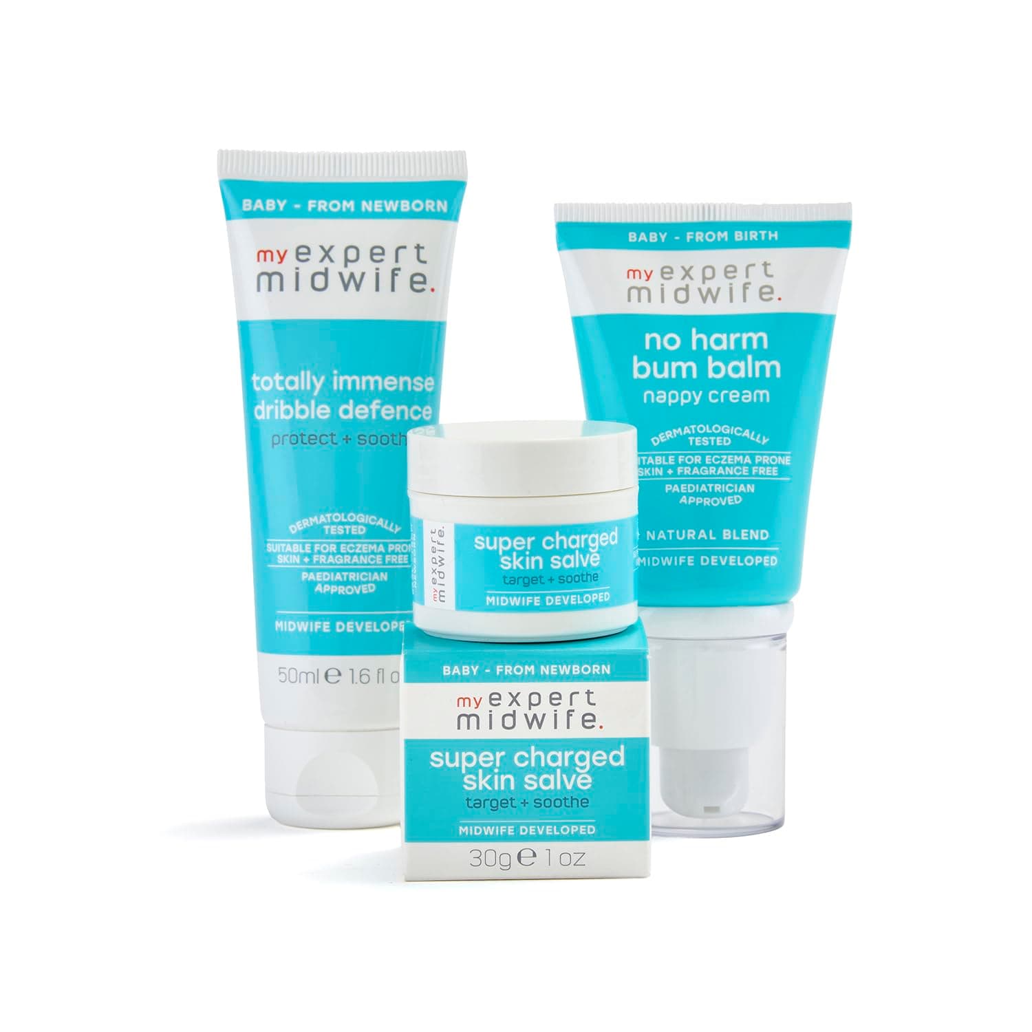 My Expert Midwife Newborn Baby Mega Mild Skin Saviours Kit, Clean Natural Ingredients, Suitable for Sensitive Skin + Fragrance Free, Set of 3 with Baby Nappy Cream, All Better Balm, Dribble Defence
