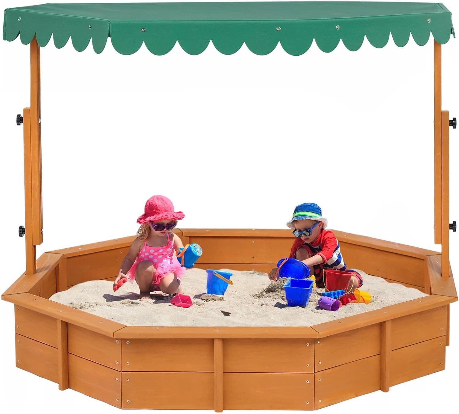 ISBA Sandbox with Lid Wood Sandbox with Cover,Toddler Sand Boxes with Canopy for Backyard Garden Octagonal Outdoor Playhouse with Adjustable Lid for Aged 3-9 Years Old
