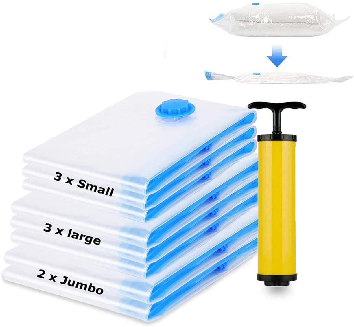 Vacuum Storage Bags, Space Saver Bag, Vacume Pack Storage Bags for Clothes Duvets Bedding Dresses Comforters Blankets Pillows Travel Storage,Reusable Bags Double Zip Seal,Hand Pump Included (8PCS)