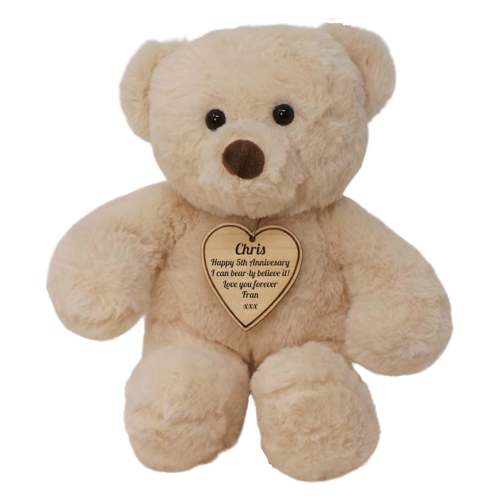 You Name It Personalised Teddy Bear with Wooden Heart Tag. Great Birthday, Anniversary, Retirement