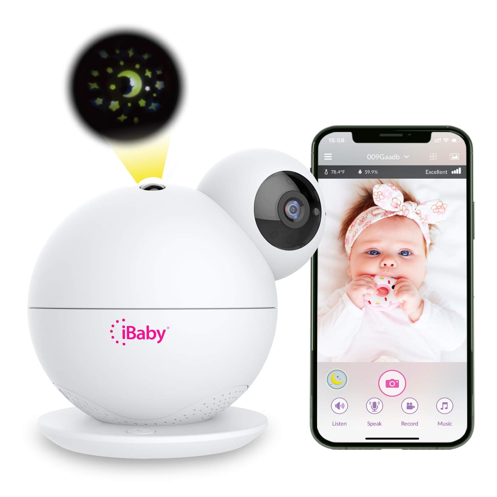 iBaby M8 2K Smart Baby Monitor, 355° Pan 110° Tilt and 2-Way Talk, Video Baby Monitor with Crying and Motion Alerts, Moonlight Projector, Temperature/Humidity Alerts, for iOS/Android