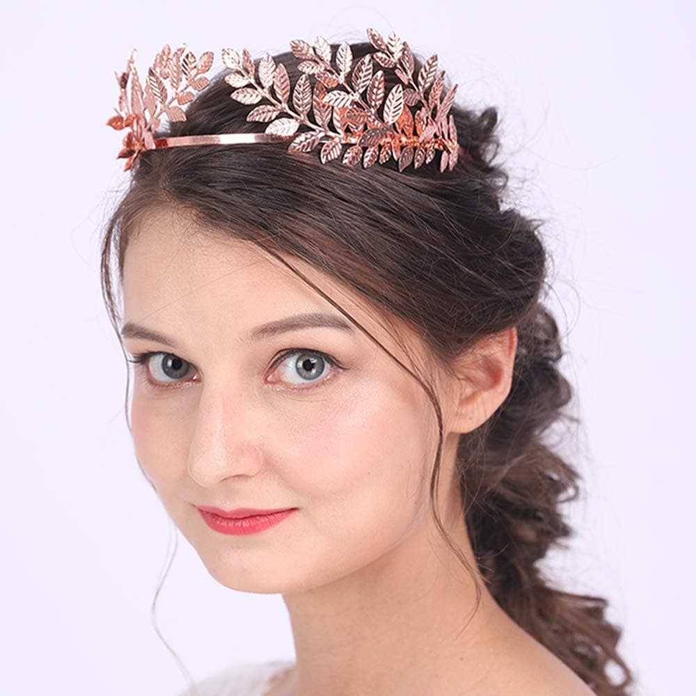 Bridal Headband Leaf Vine Headband Gold Leaf Crown Leaf Tiara Wedding Headpiece Bridesmaid Prom Festival Hair Accessories for Women and Girls(Rose gold)