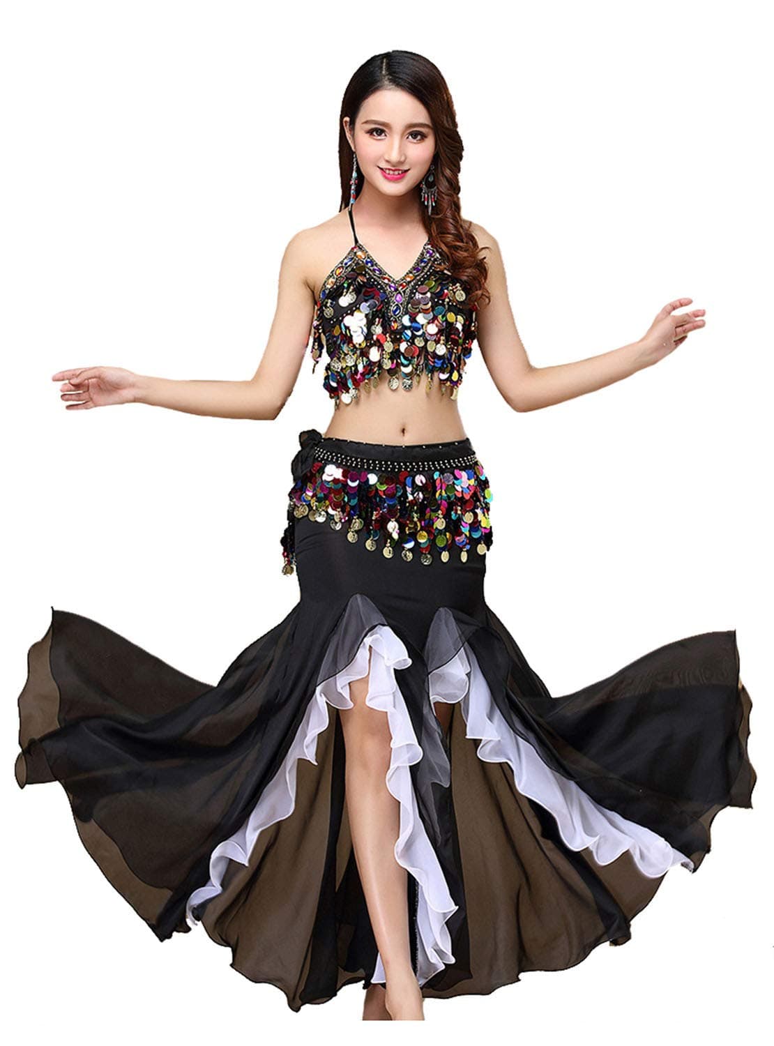 Women's Belly Dance Dress Belly Crop Top Bra Top and Belt Chiffon Dancing Split Skirt Costume 3-Piece Outfit