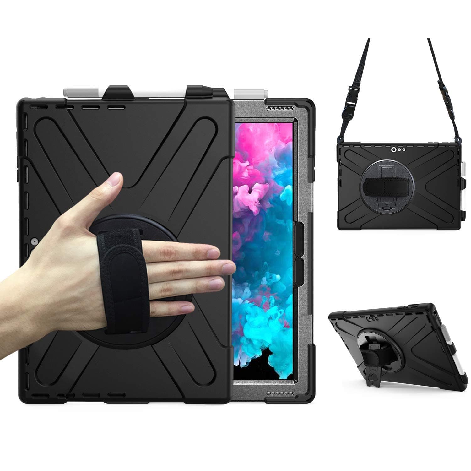 DreamerX for Microsoft Surface Pro 7+ Plus/Pro 7/6/5/4 12.3" Case, Heavy Duty Rugged Full Body Drop Protective Silicone Kids Cover w/Rotating Stand Hand Strap Pen Holder Carrying Shoulder Strap Black