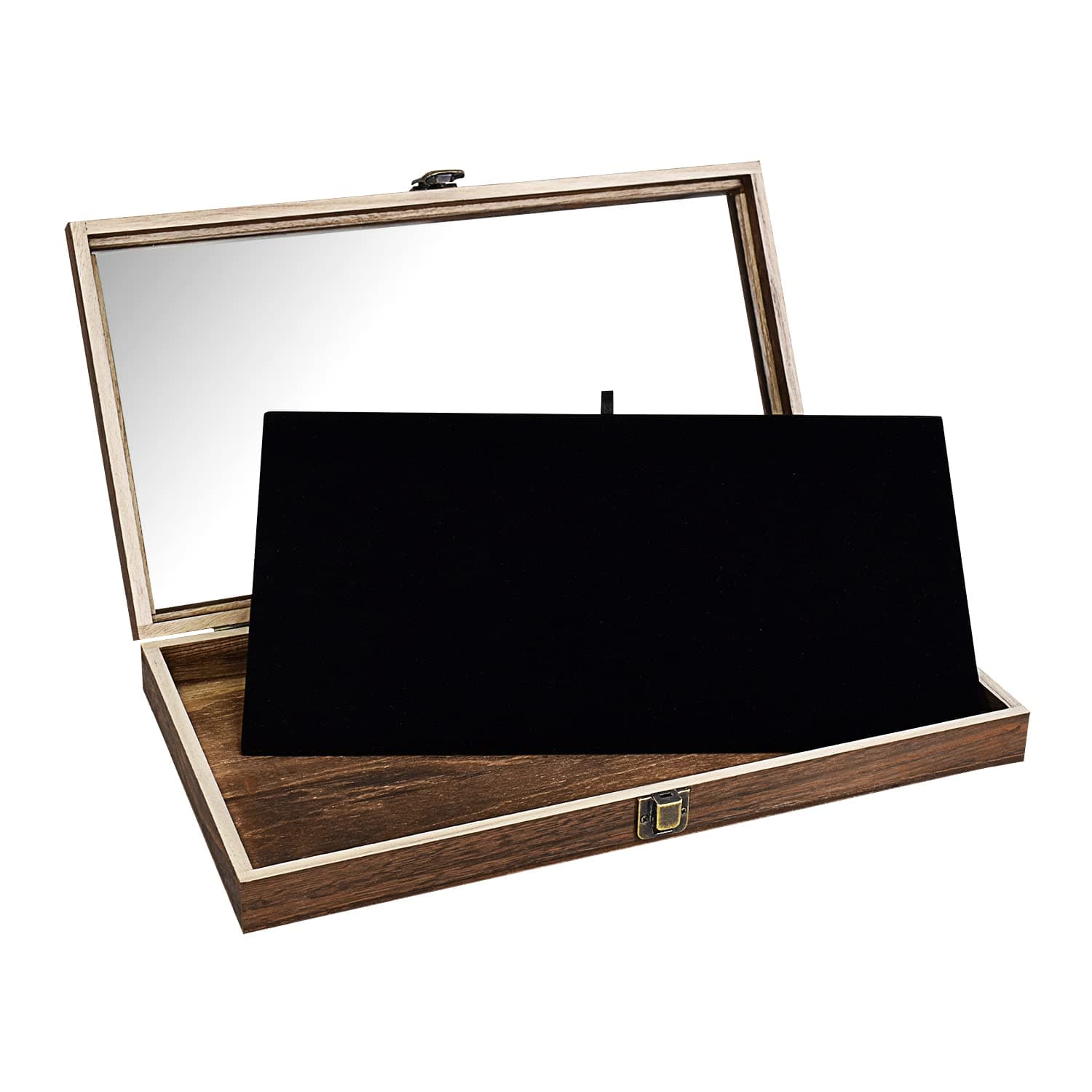 Wooden Jewelry display case with Tempered Glass Top Lid, Brown Color