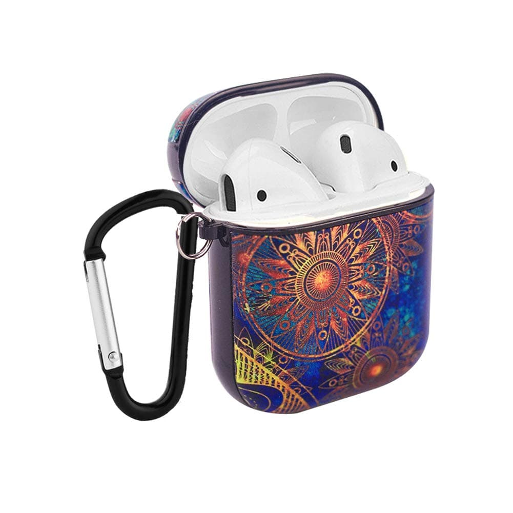 QIELIZI AirPods case with Keychain,Airpods Silicone Portable Protective Shockproof Case Cover for Airpods 2 & 1 with Holding Strap(Blue Flower)