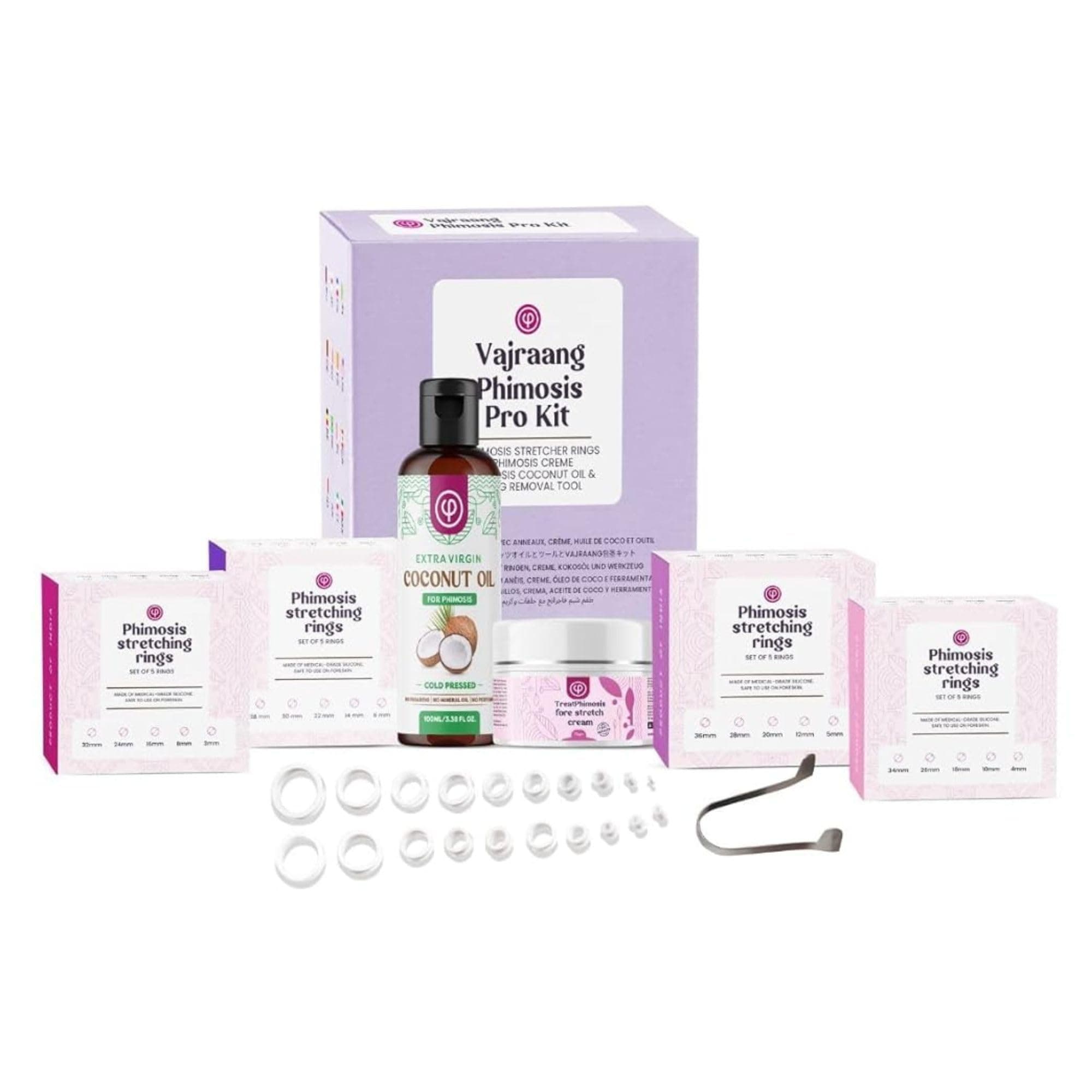 Phimosis Pro Kit with 20 x Phimosis Rings, 1 x Phimosis Cream, 1 x Phimosis oil, 1 x Track Sheet, 1 x 'How to use' booklet | Phimosis home kit | Proven results | Medical grade silicone