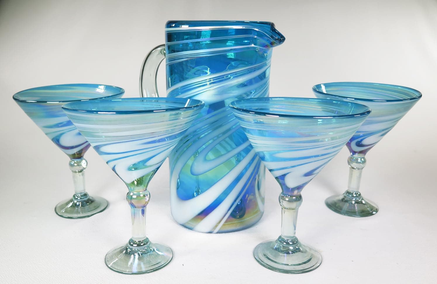 Mexican Margarita/Martini Glasses and pitcher, Turquoise White Swirl, Hand Blown 15 oz set of 4