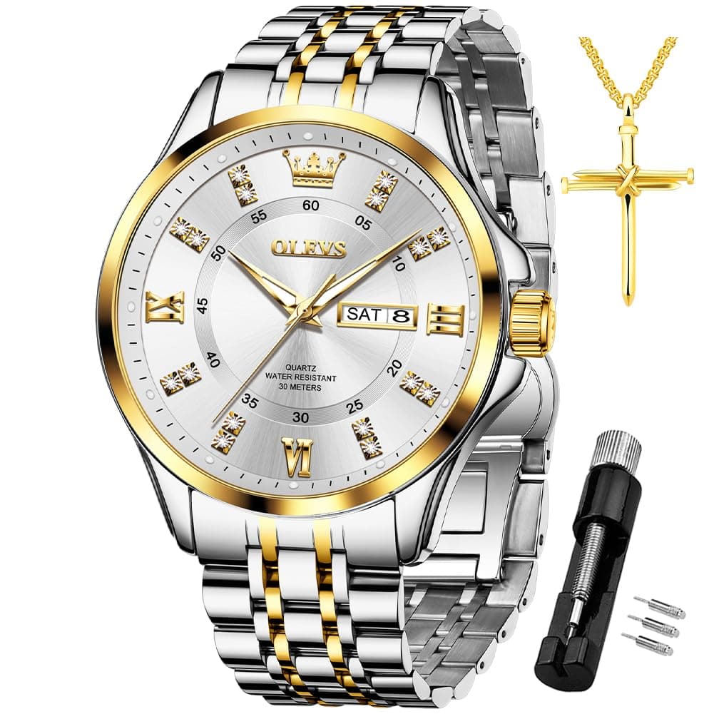 OLEVS Diamond Watches for Men,Business Dress Watch Waterproof Luminous,Male Golden Big Dial Luxury Casual Quartz Analog Watches with Day Date Calendar and Stainless Steel Band