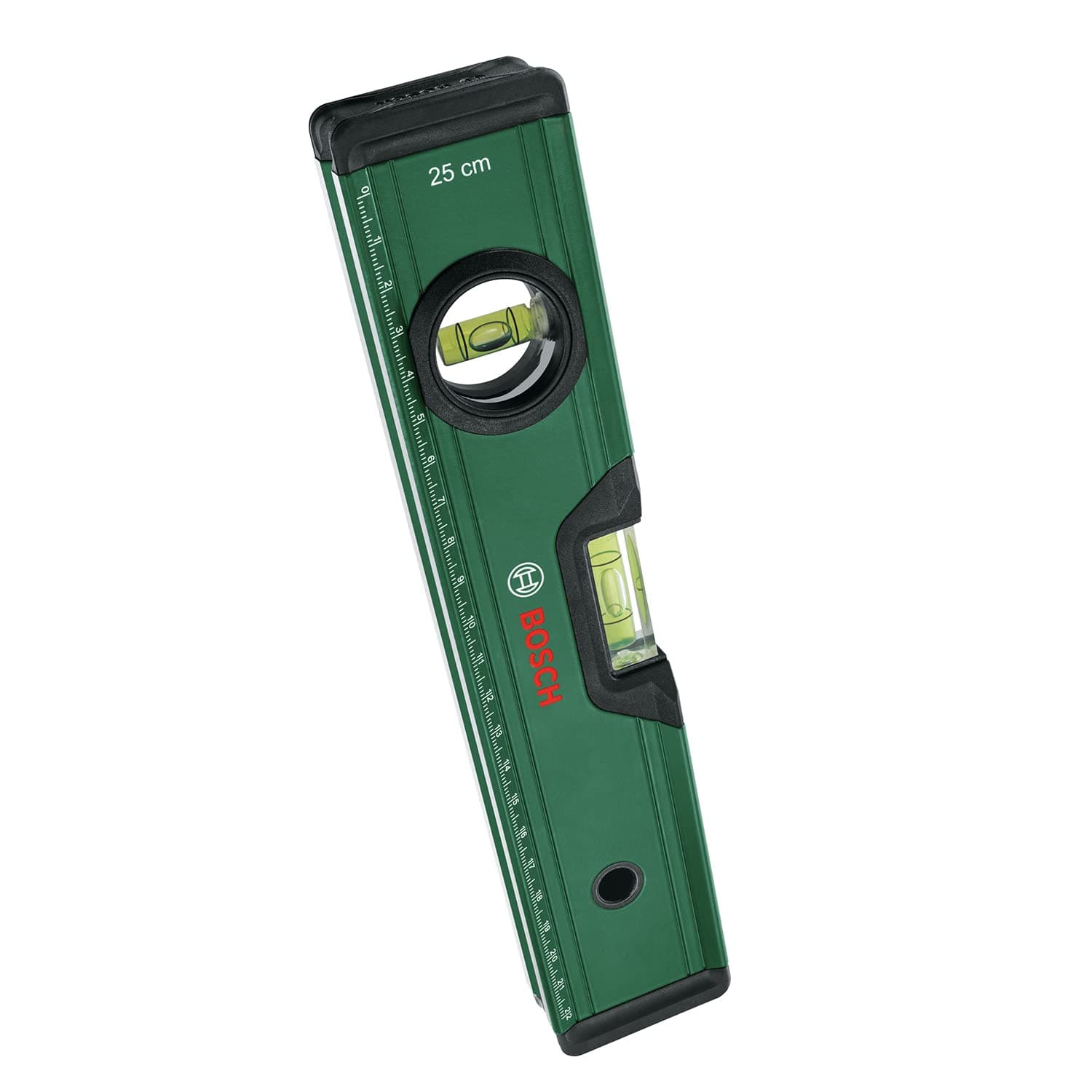 Bosch Spirit Level 25 cm (Precise Alignment with 2X Fluorescent Bubbles for Horiziontal and Vertical Reading; Metric Scale; Aluminum Body, Softgrip Bumpers; V-Groove)
