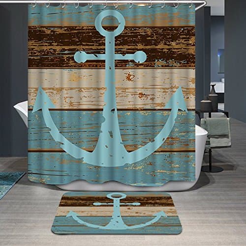 Nautical Anchor Rustic Wood - Shower Curtain - Water, Soap, and Mildew resistant - Machine Washable - Shower Hooks are Included