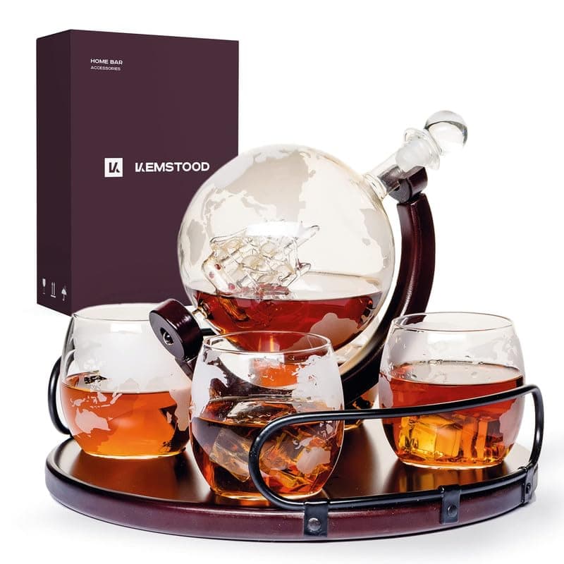 Kemstood Whiskey Decanter Sets for Men - Etched World Globe Design with Wooden Base & 4 Glass - Ideal for Dignified Drinking, Home Decor - Unique Whiskey Gifts for Men - 28 oz /850 ml Capacity