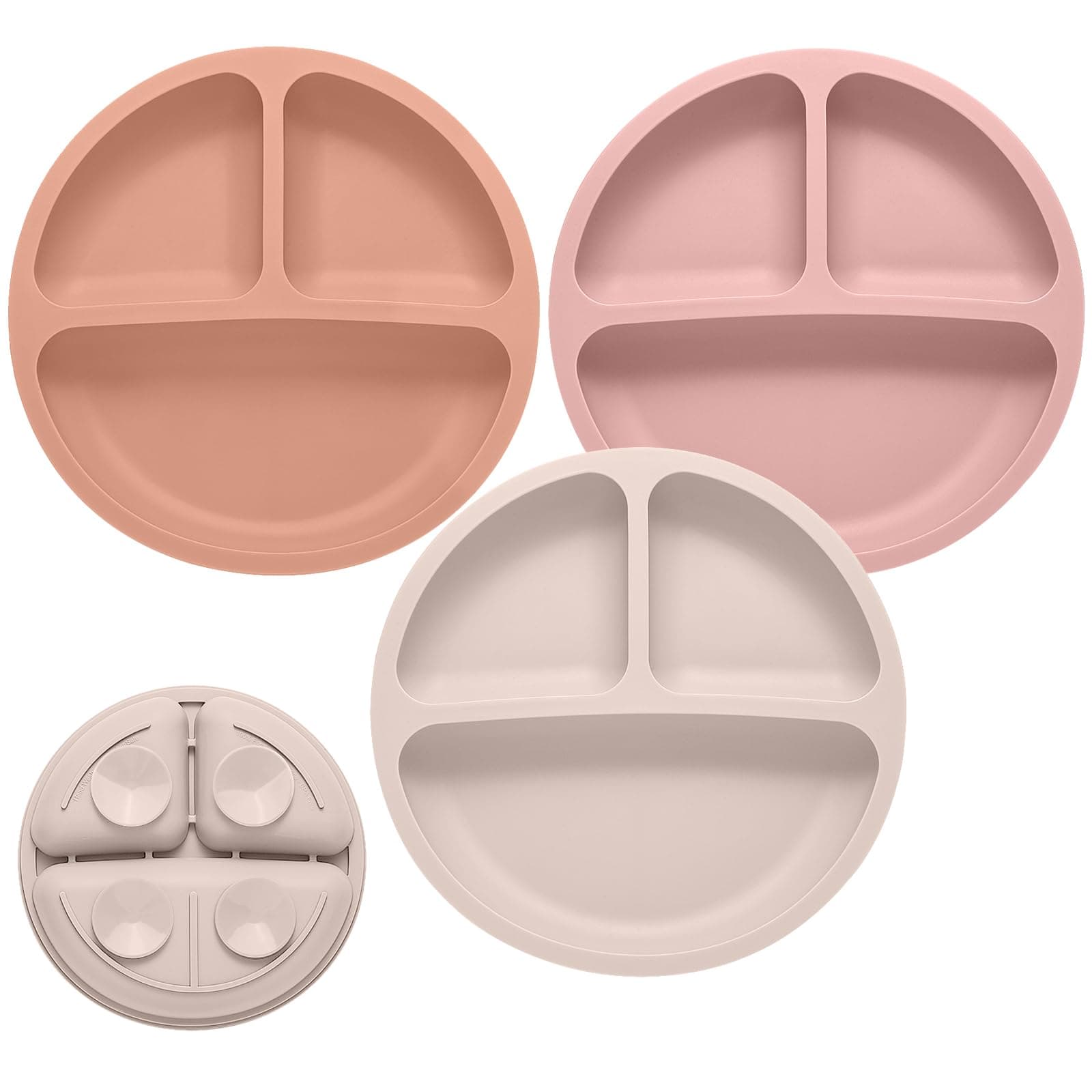 Toddler Plates, 3 Pack Divided Suction Plates for Baby, Food Grade Silicone Baby Plates, BPA Free, Non-slip, Baby Led Weaning Supplies, Microwave & Dishwasher Safe