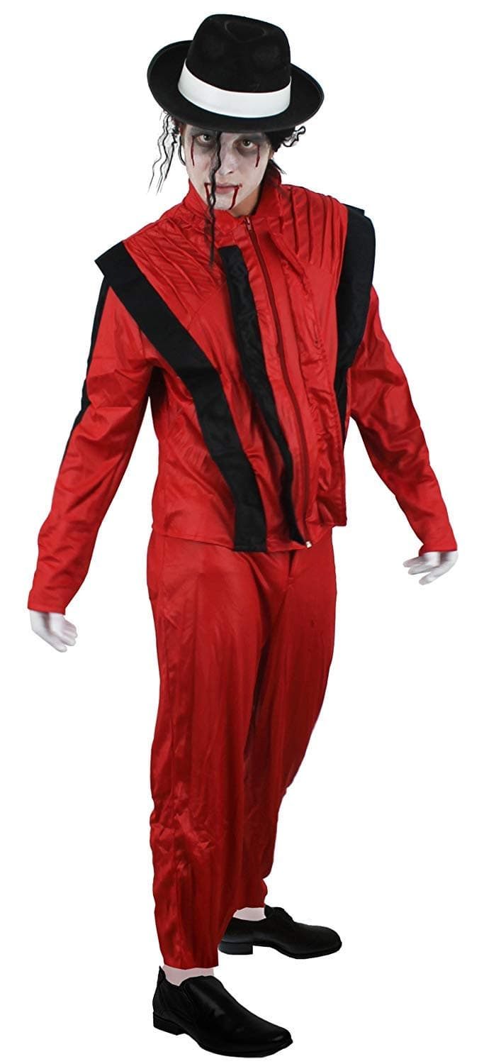 ZOMBIE JACKO ADULT KING OF POP HALLOWEEN FANCY DRESS COSTUME WITH BLOOD, FACEPAINT, BLACK HAT WITH WHITE BAND, BLACK RELAXED AFRO WIG, WHITE GLOVES, RED THRILLER JACKET + TROUSERS HALOWEEN POPSTAR OUTFIT (LARGE)