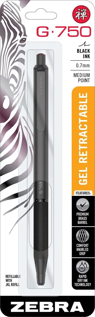 STEEL Series Premium Gel Pen – G-750 Retractable, 0.7mm Medium Point Black Ink, Rapid Dry Ink, Comfort Knurled Grip, Black Brass Barrel, Refillable, Japanese Craft Detail, 1-Pack (49811)
