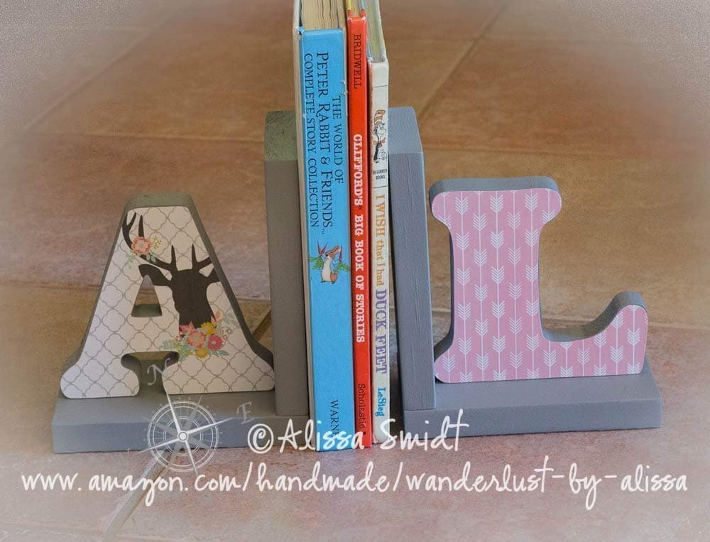 Deer and Arrow Letter Bookends, Initial Bookends, Wooden Custom Bookends - Custom Created (alphabet bookends, name bookends, pink, grey)
