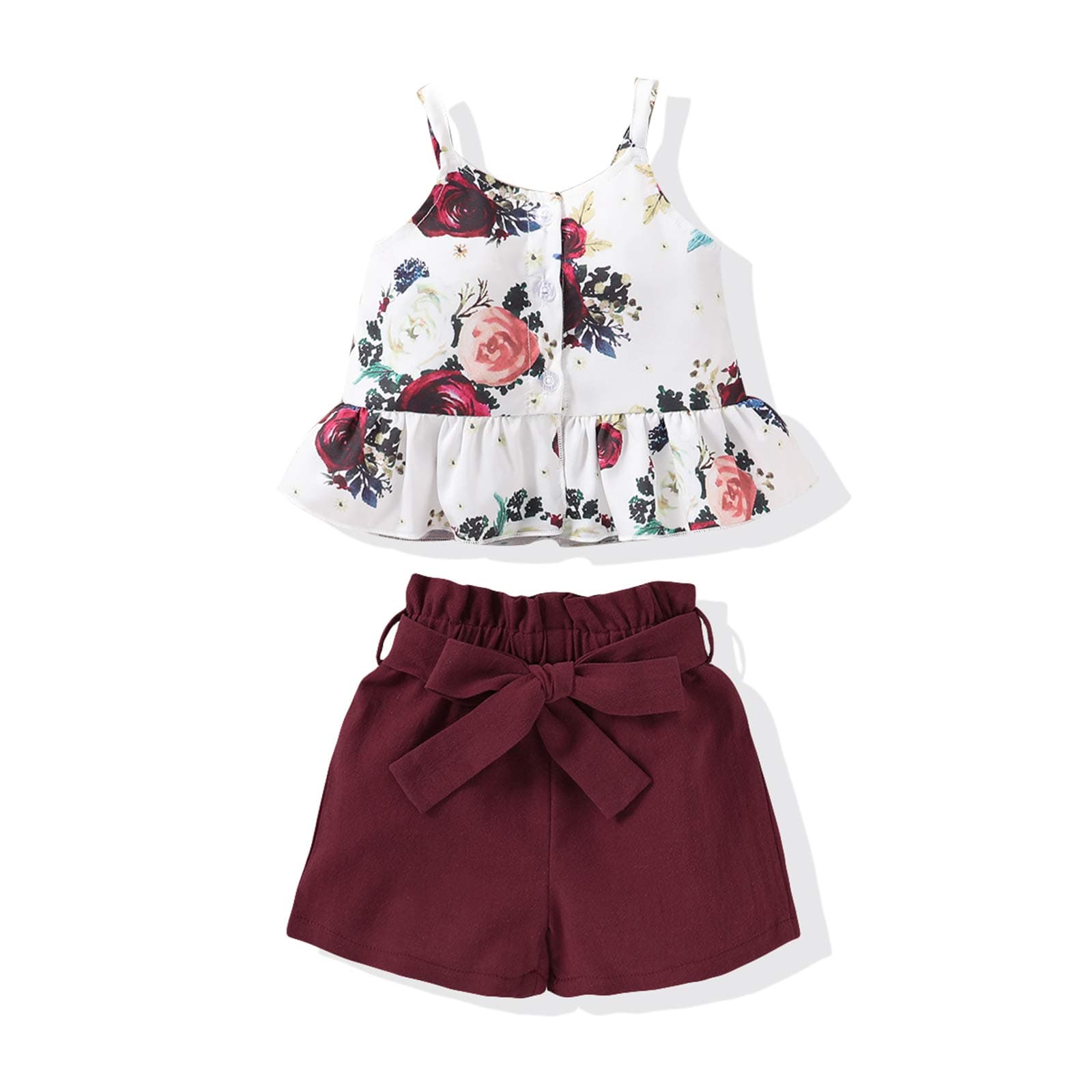 KucnuzkiToddler Baby Girl Clothes Summer Outfits Ruffle Sleeveless Linen Shirt Kid Short Set for Girl