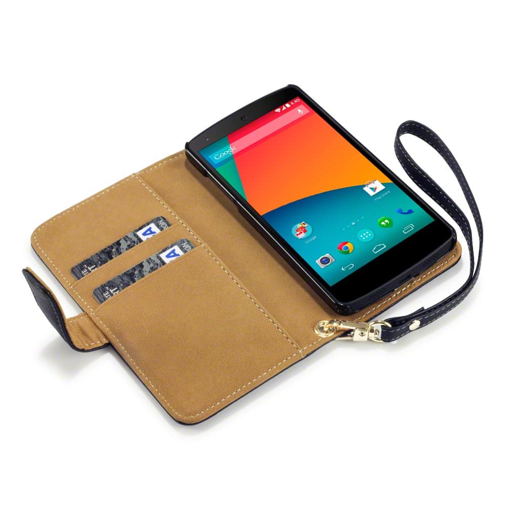 LG Google Nexus 5 Premium Faux Leather Wallet Case - Black/Tan