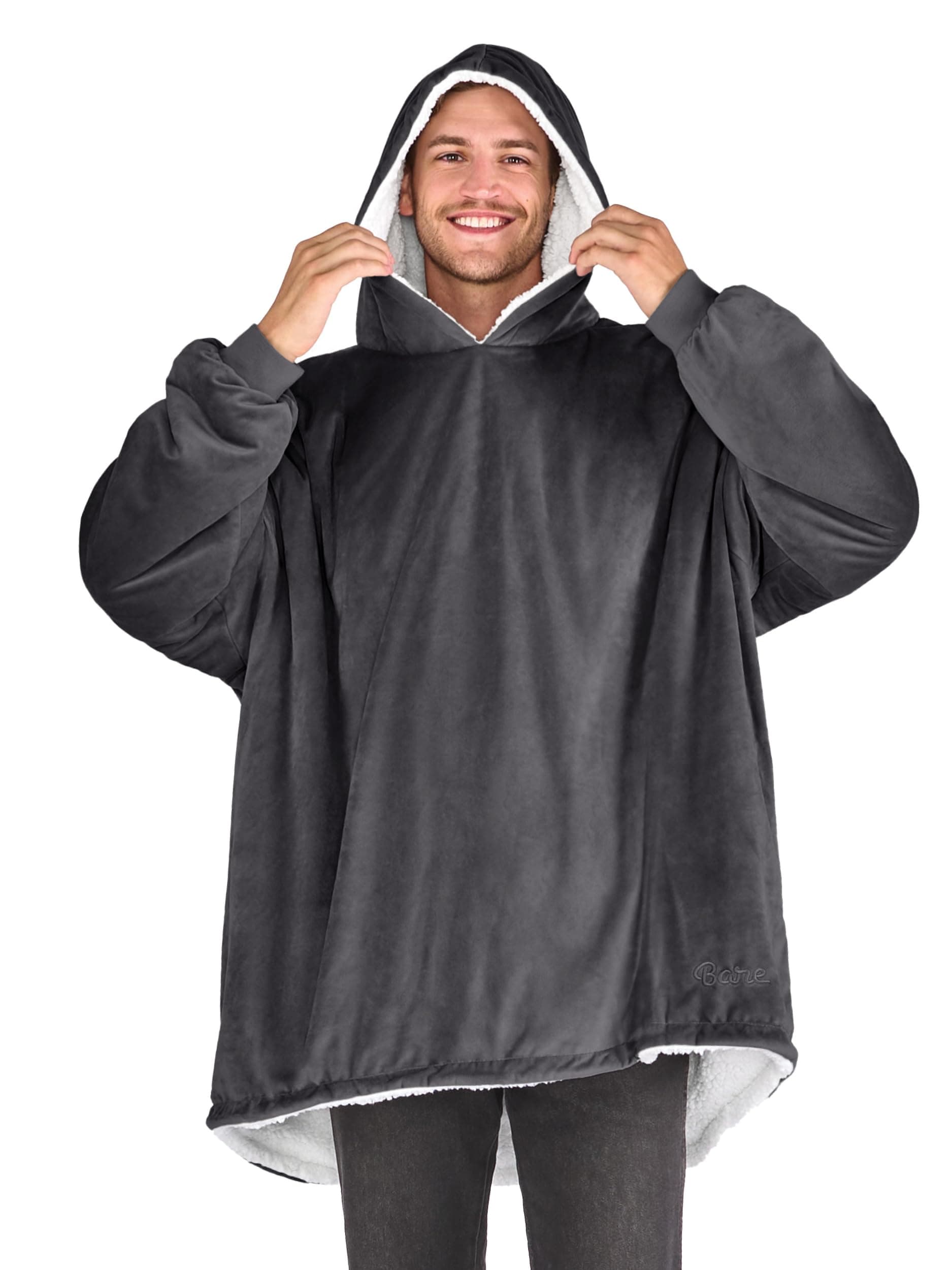 Bare Home Sherpa Fleece Wearable Blanket - Oversized Wearable Blanket - Adult Size - Warm & Cozy - Soft Plush Blanket - Comfortable Blanket Sweatshirt with Two Zipper Pockets (Adult, Forged Iron Grey)