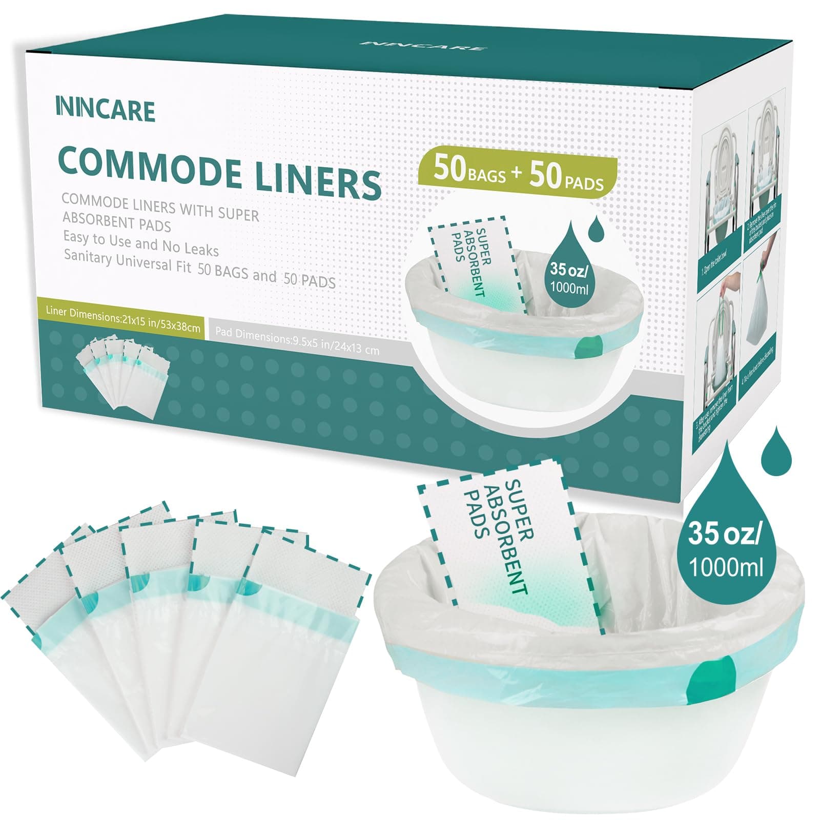 Commode Liners with Absorbent Pads,Value Pack 50 Count Universal Fit,Disposable Bedside Commode Liners and Pads for Adult Portable Toilet(50Bags + 50Pads)