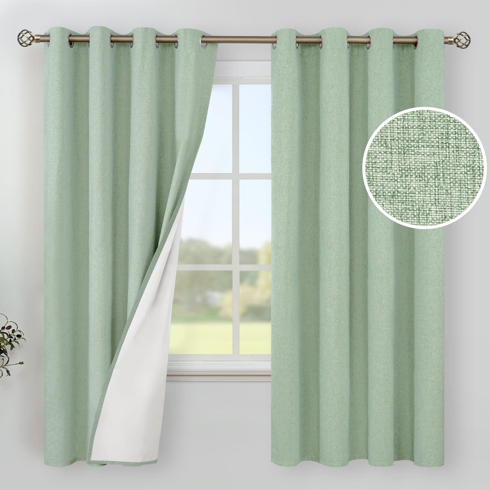 Light Green Linen Blackout Curtains for Bedroom 63 Inches Long - Thermal Insulated Drapes with Grommet Room Darkening Boho Spring Decor for Living Room Window, 2 Panels, 52 X 63 Inch