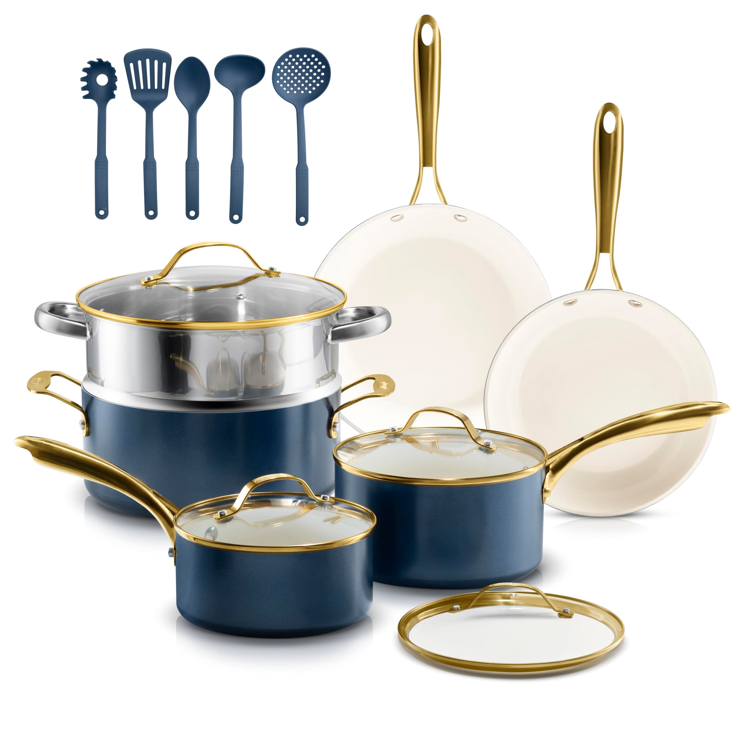 Gotham Steel 15 Pc Kitchen Pots and Pan Set, Non Stick Cookware Set, Pots and Pans Set, Ceramic Cookware Set, Pot Set Cookware Set, Nonstick, Oven/Dishwasher Safe, Non Toxic, Cream White and Navy