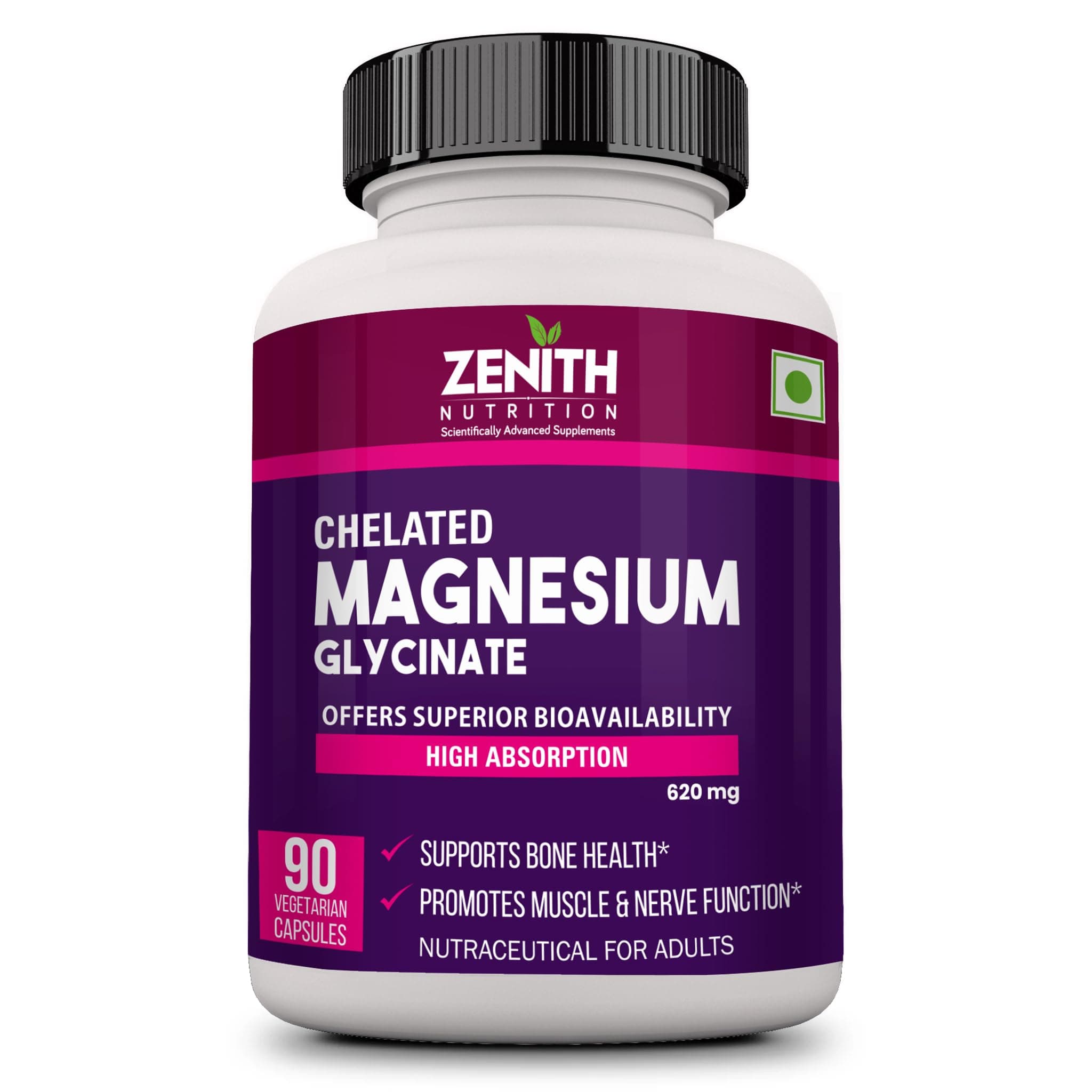 High Absorption Chelated Magnesium Glycinate 620mg - 90 Veg capsules | Supports Bone Health | Nerve & Muscle Function