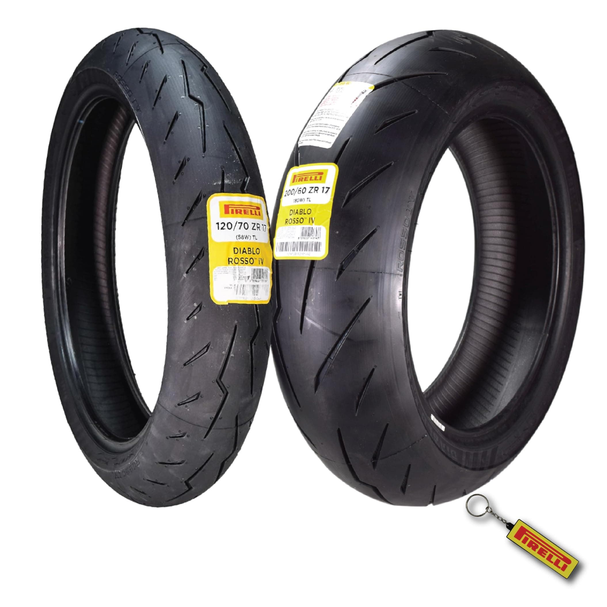 Pirelli Diablo Rosso IV 120/70 ZR 17 M/C Front & 200/60 ZR 17 M/C TL Rear Motorcycle Tire Set - High Performance, Durable for Super Sport Bikes with Keychain
