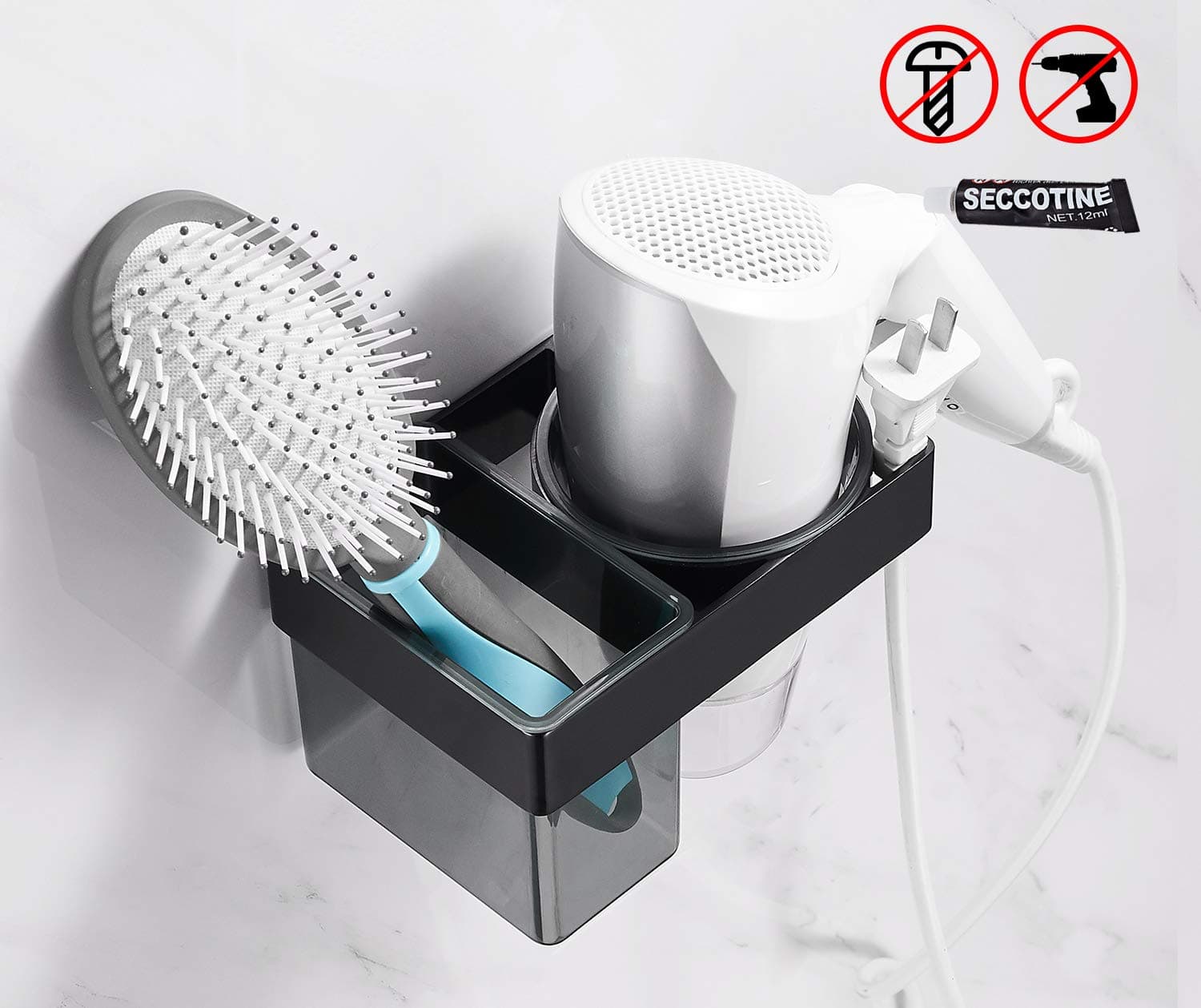LIKAMU Hair Organizer Storage Wall Mount, Self Adhesive Hair Tools Storage, Bathroom Hair Dryer Holder Over Cabinet KMHG001
