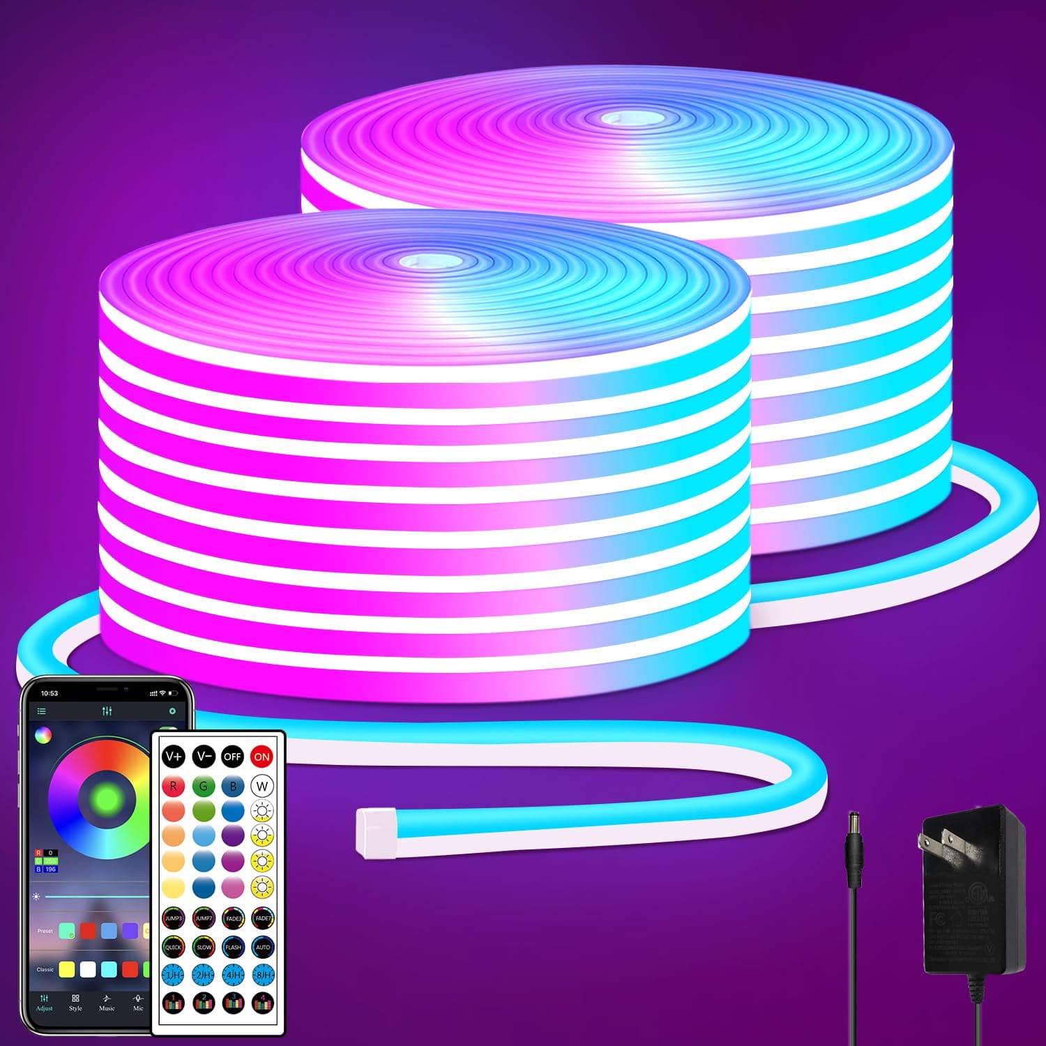 100FT RGB LED neon Rope Lights LED neon Lights with Remote/APP Control 24V IP65 Waterproof Flexible Neon LED Strip Lights for Bedroom Room Outdoors Decor(2 Rolls of 50ft)