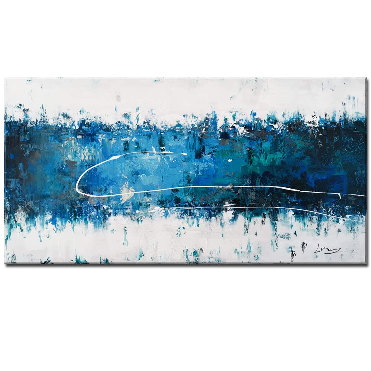 100% Hand Painting Oil Paintings Modern Abstract Contemporary Teal Blue & White Seascape Forest Handmade Framed Canvas Art Home Interior Wall Decor Palette Knife Acrylic painting Hand Drawn Paint