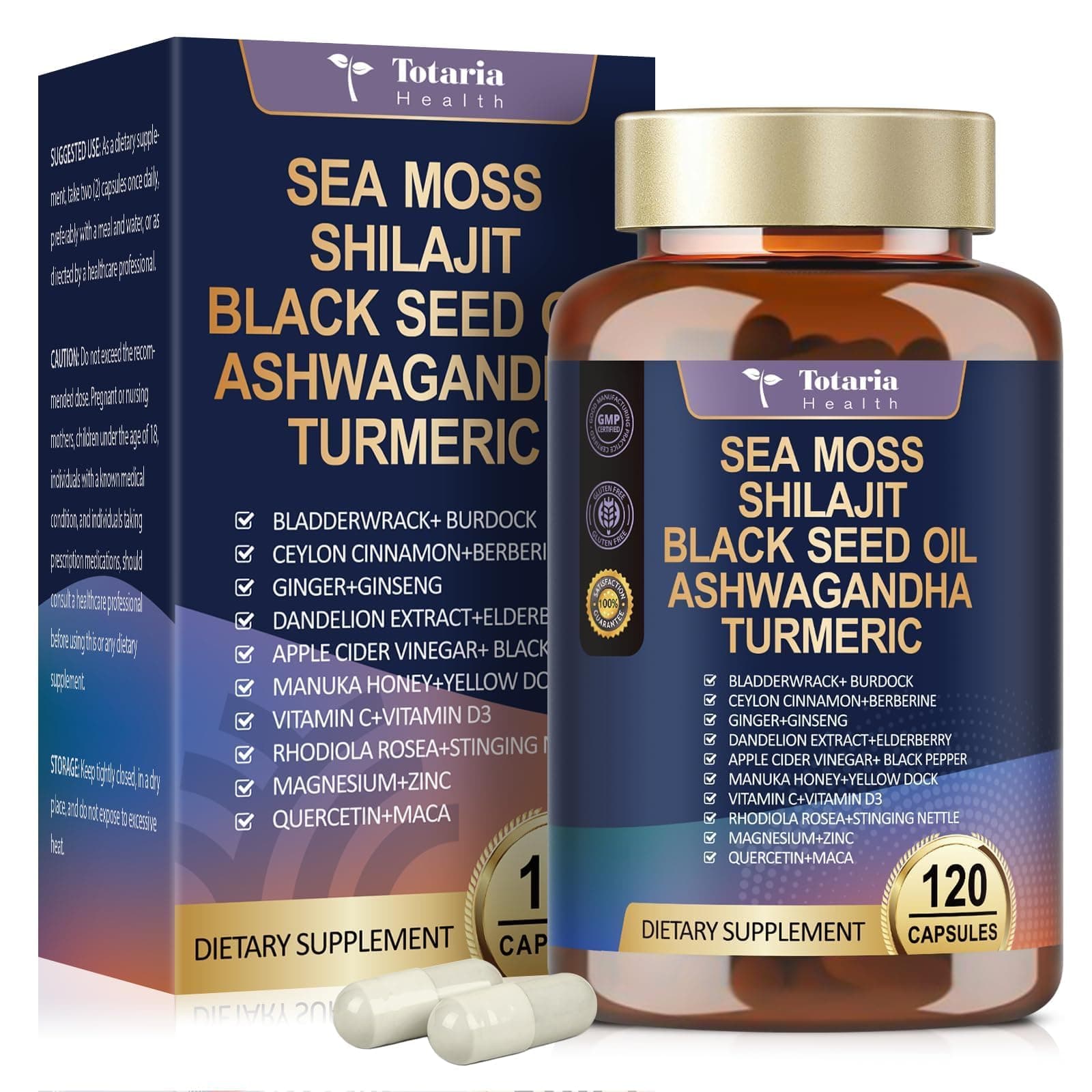 25-in-1 Sea Moss Black Seed Oil Ashwagandha Ginger Shilajit Supplement, Sea Moss Capsules Pro with Bladder Burdock Ceylon Cinnamon Berberine ACV Manuka VIT C & D3 for Men Women, 120 Vegan Caps