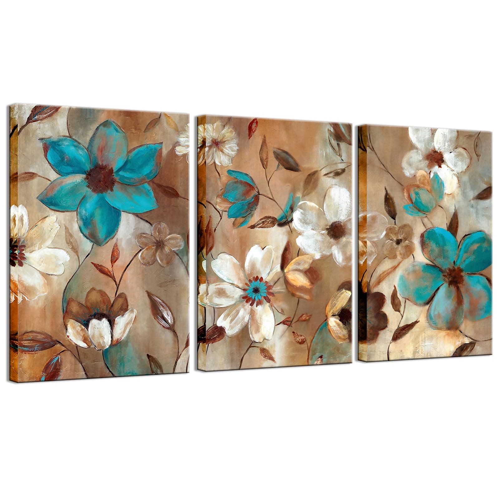 Biuteawal - Abstract Flower Painting on Canvas Wall Art Blue White Floral Picture Print Contemporary Decorative Artwork Framed Ready to Hang for Home Kitchen Bedroom Living Room Decoration