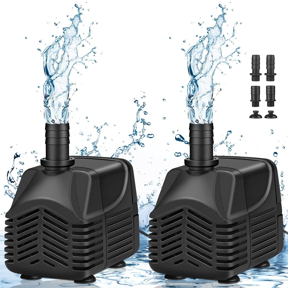 MOSFiATA Submersible Water Pump 2 Pack 1000L/H 25W Ultra-Quiet Water Pump with 8ft and 2.5M Power Cord and 4 Water Outlet Nozzles for Pet Fountains, Aquarium, Fish Tank, Pond, Statuary, Hydroponics
