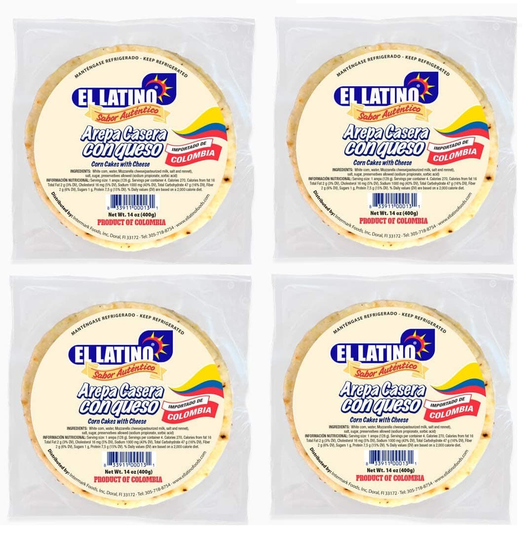 El Latino arepas colombianas con queso. 4 packs of 4 units each. Total 16 arepas