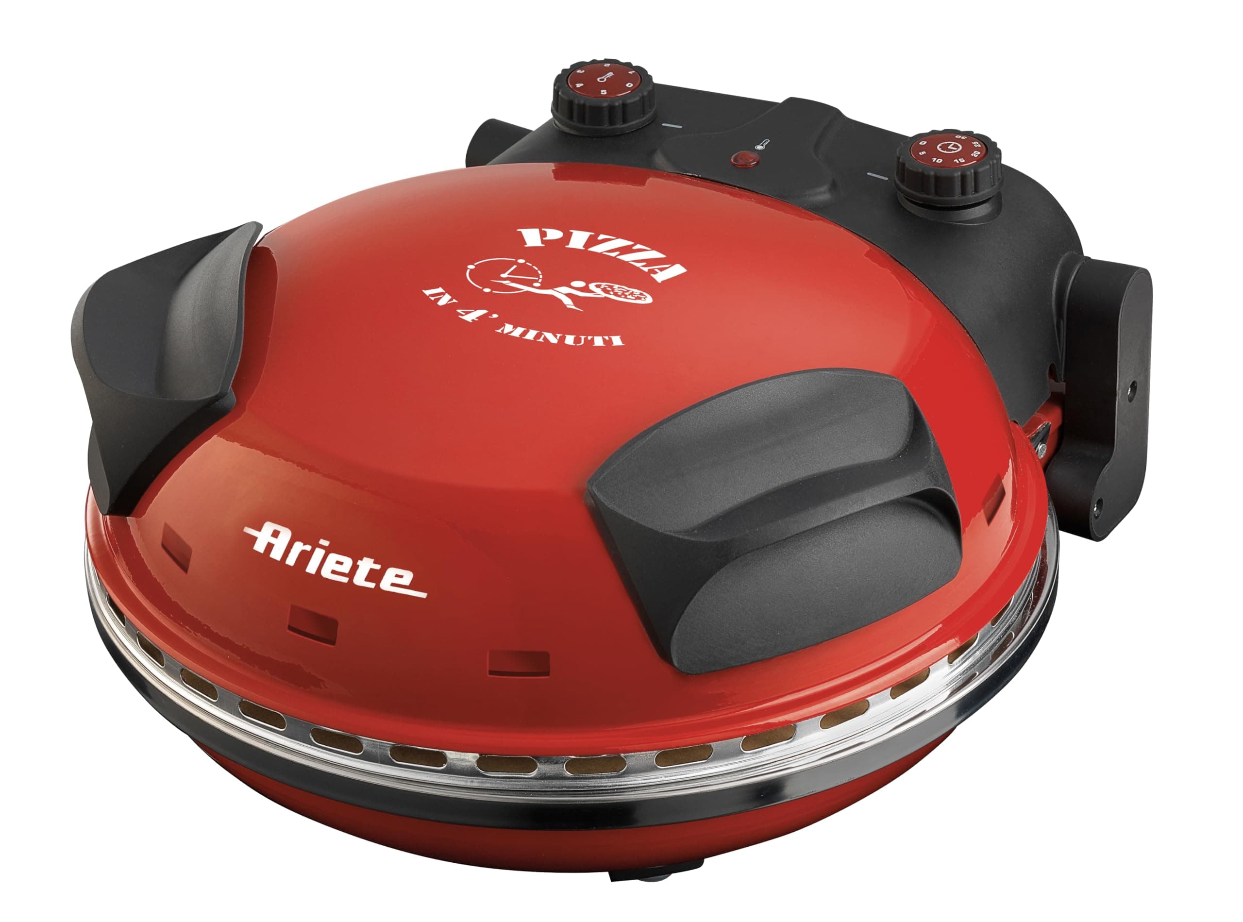 Ariete Electric Pizza Maker Machine, 5 Temp Setting Max 400C, 1200W, 30 Min Timer, Non-Stick 32cm Refractory Stone Plate, Reheat Croissants or Bake Pies, Biscuits, Pastries, Red ART909