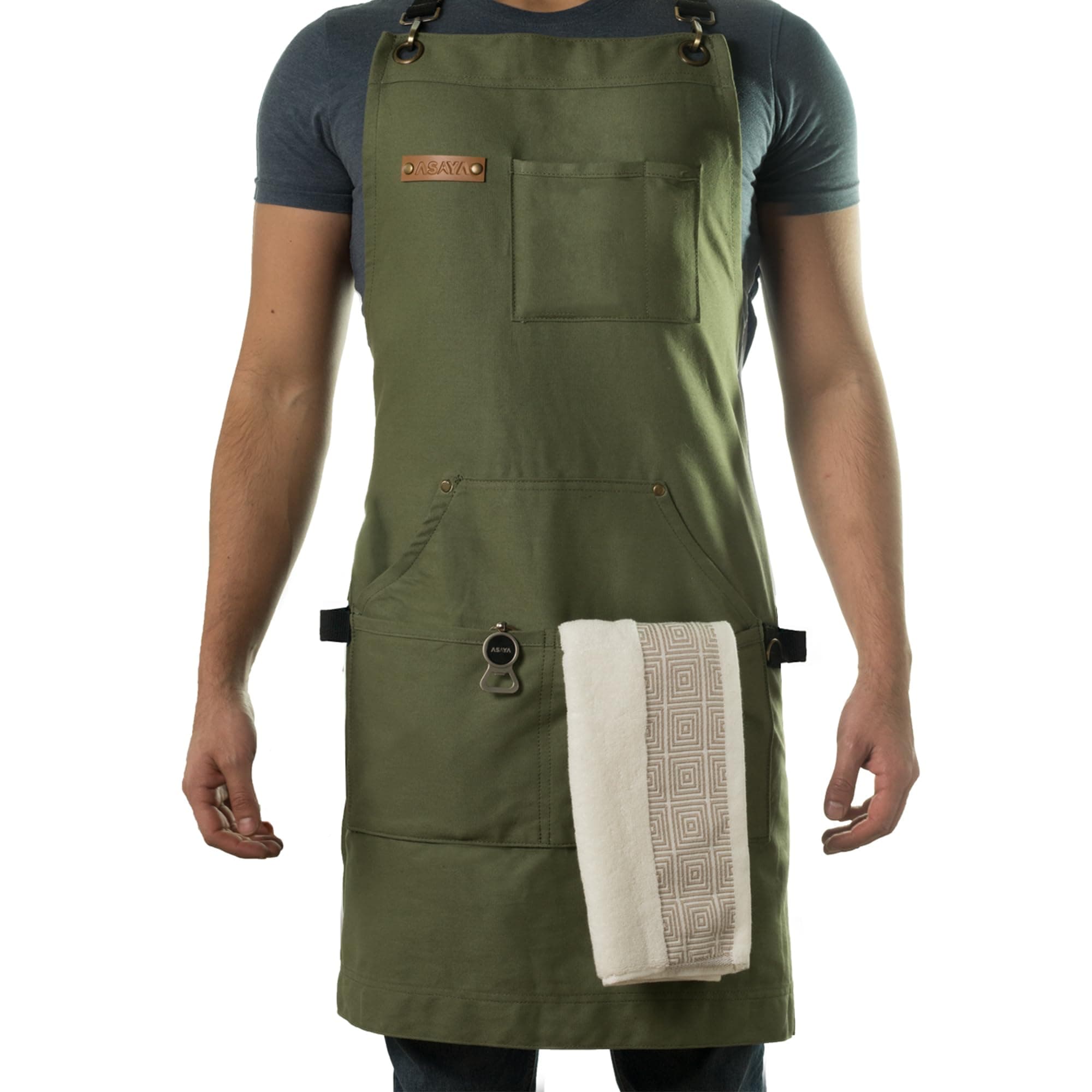 Asaya Chef and BBQ Apron with Bottle Opener and Hand Towel - 10oz Cotton Canvas, Stainless Steel Hardware - Cross Back Straps