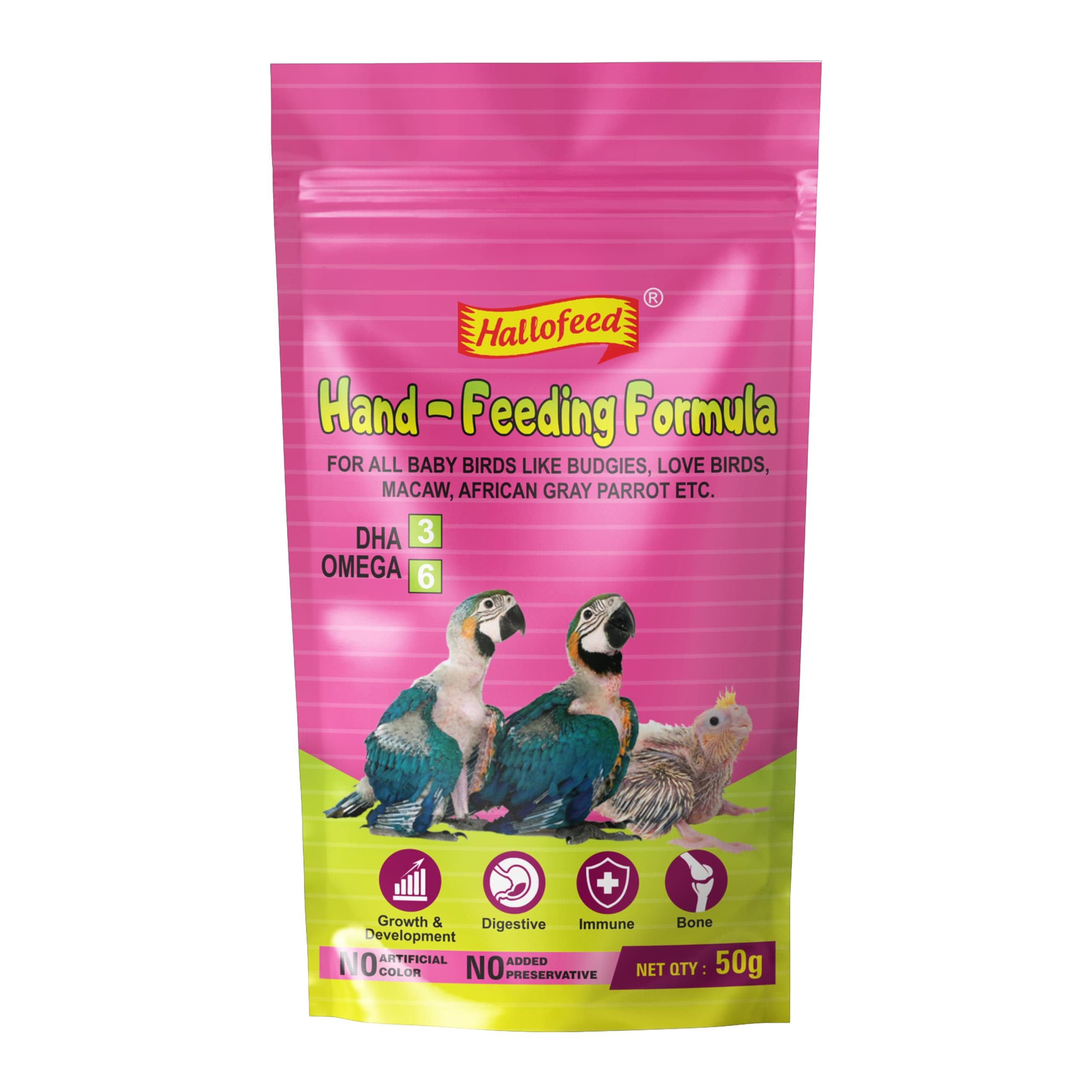 Hallofeed Hand-Feeding Formula for Baby Birds - Powder, 50 gm, for Exotic Chicks Like Budgies, Cockatiel, Lovebird, African Grey Parrot, Sunconure