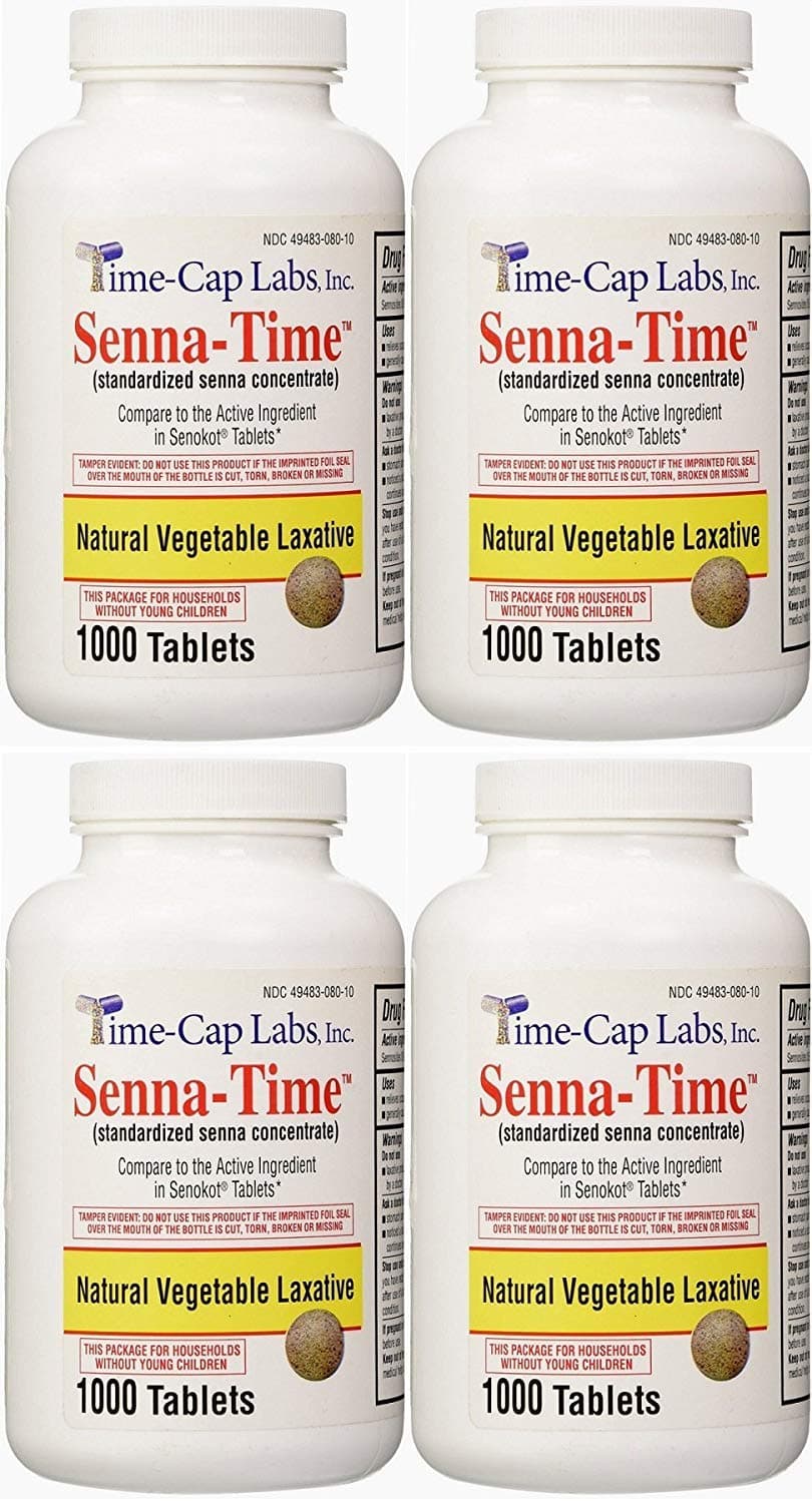 Senna-Time Generic for Senokot Natural Vegetable Laxative Senna 8.6 Mg 1000 Tablets per Bottle Pack of 4 Bottles