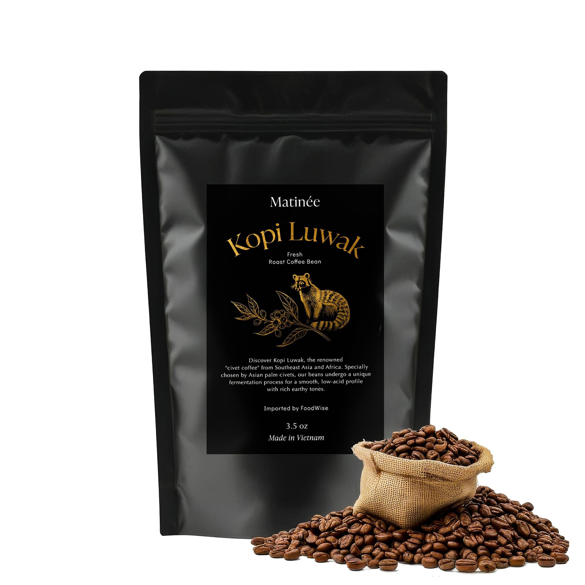 MATINÉE Wild Kopi Luwak Coffee Whole Beans, Medium Roast Luwak Coffee Gifts, Produce of Vietnam, 3.5oz / 100 Grams