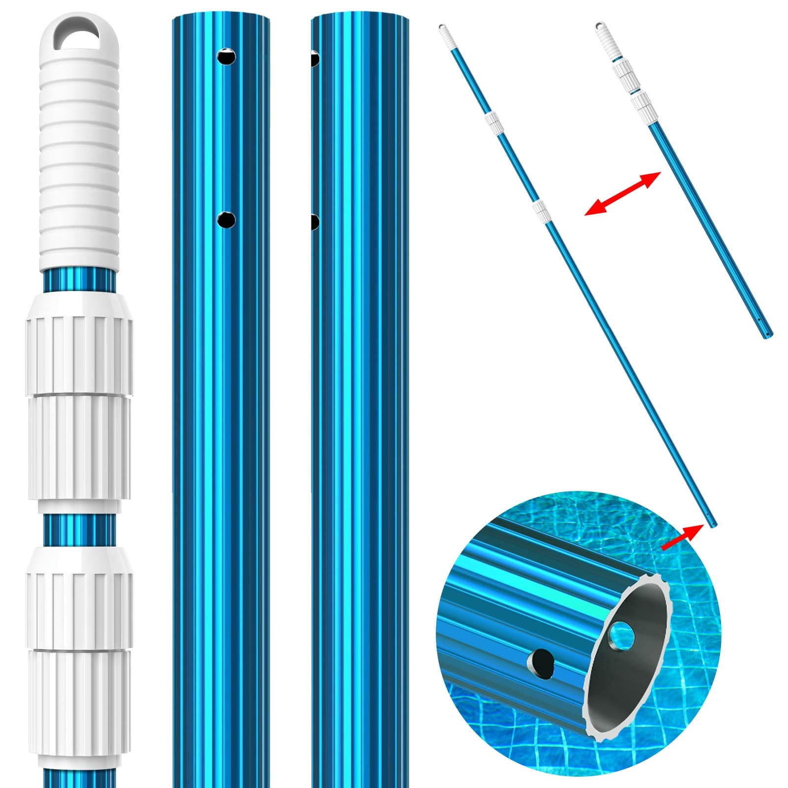 CKE Upgraded 12 Feet Thicken 1.3mm Blue Aluminum Telescoping Swimming Pool Pole,Adjustable 3 Piece Expandable Step-Up,Attach Connect Skimmer Nets,Rakes,Brushes,Vacuum Heads with Hoses, Universal 1.25"