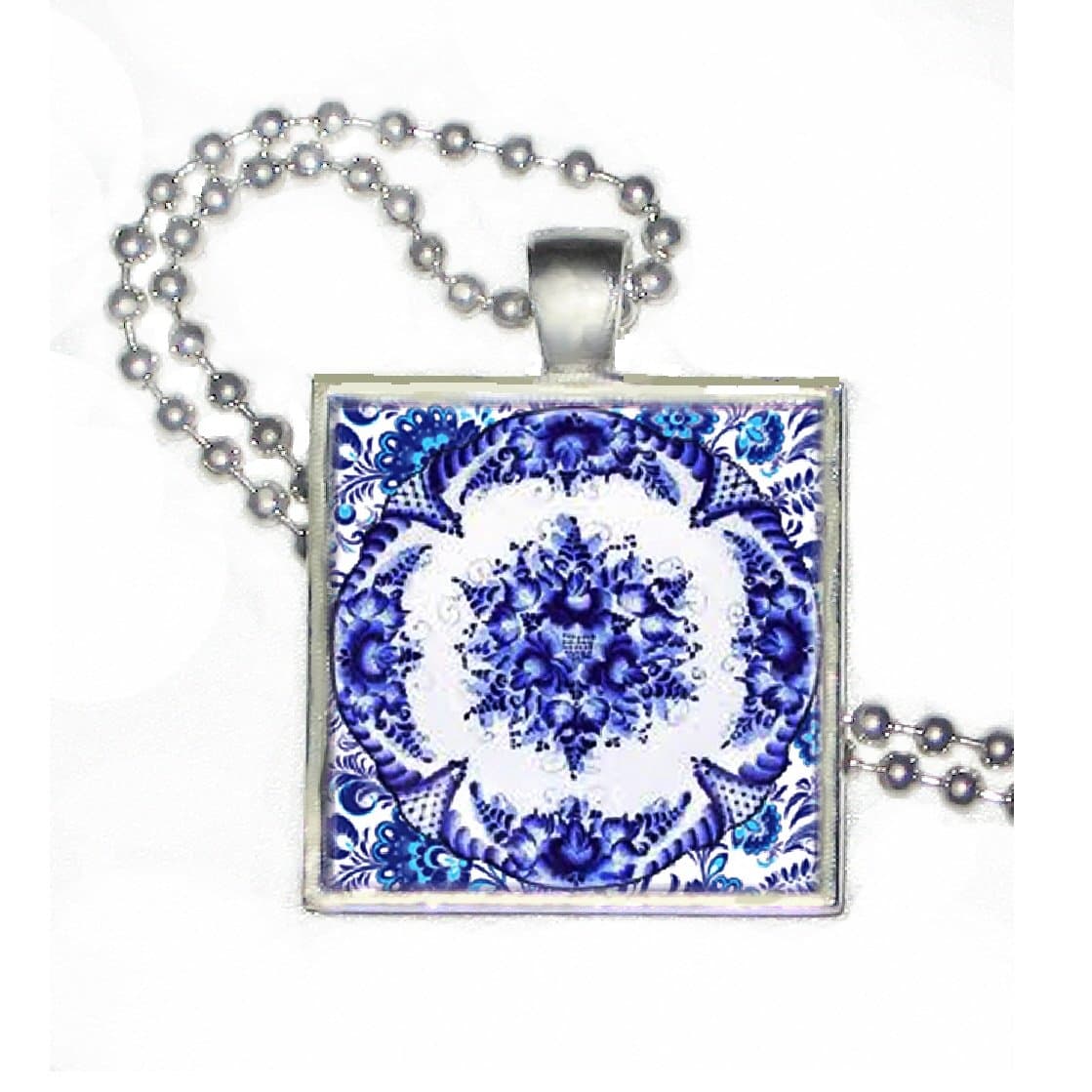 Donna Bedrick Delft Blue Collection - Blue Kaleidoscope on Silver Plated Pendant w/ 24" Silver Plated Ball Chain
