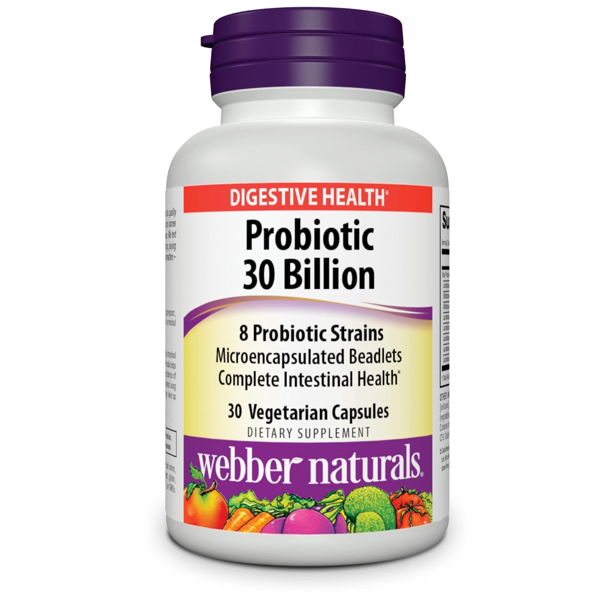 Webber Naturals Probiotics, High Potency, 30 Billion CFU, for Men, Women, and Adults, Shelf Stable (No Refrigeration Required), 8 Probiotic Strains, 30 Vegetarian Capsules, for Digestive Health