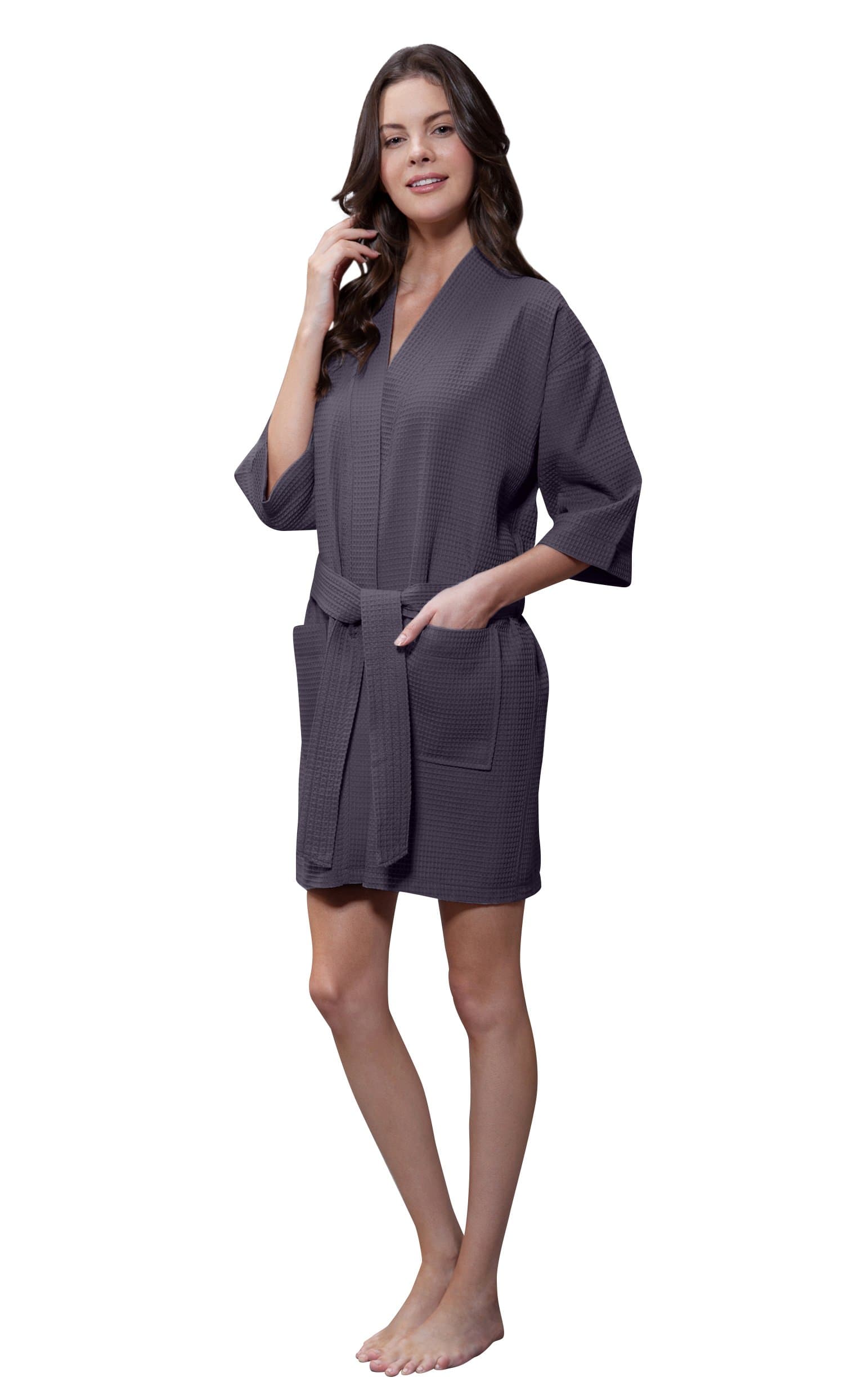 Linen Lightweight Knee Length Waffle Kimono Bridesmaids Robes For Women - Spa Bathrobe