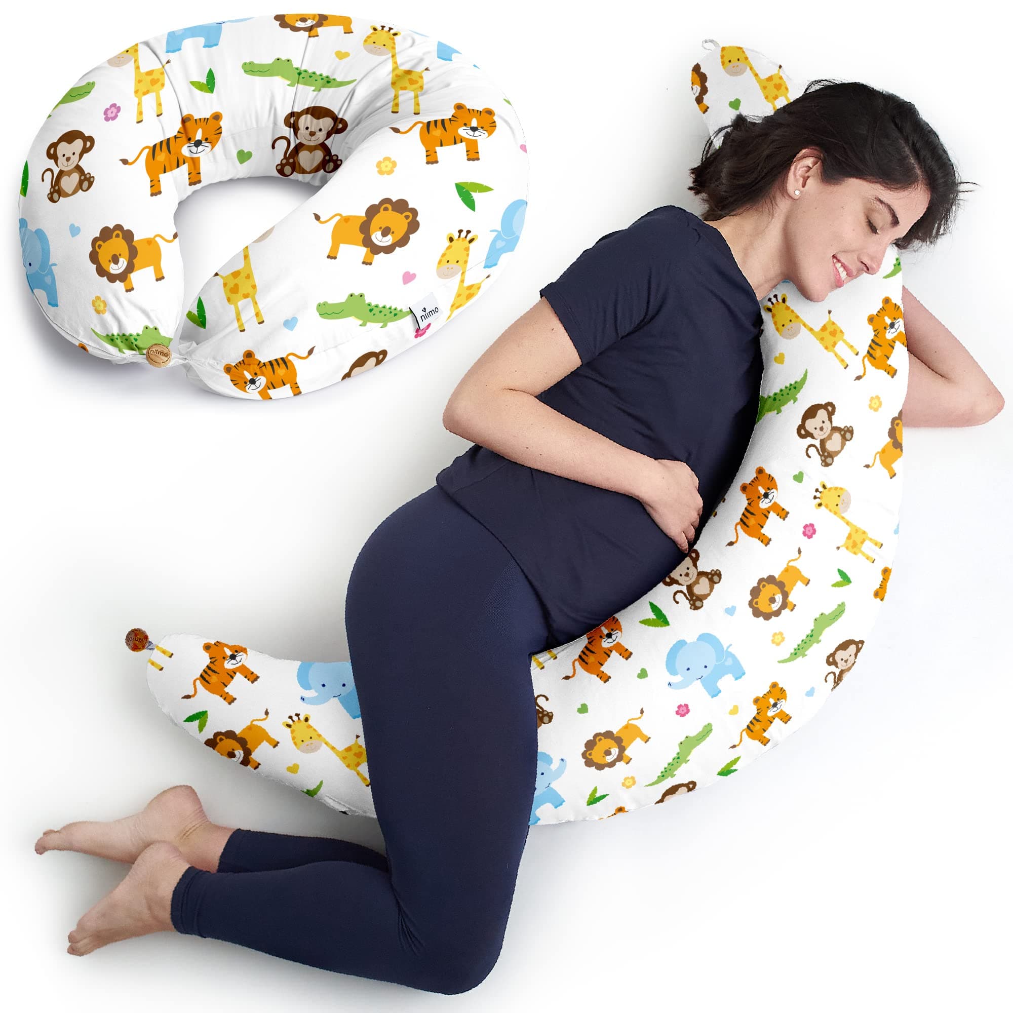 Niimo XXL Pregnancy Pillow & Nursing Pillow - 2-in-1 Design with a 100% Cotton Cover, Machine-Washable, Jungle (200 x 70 cm)