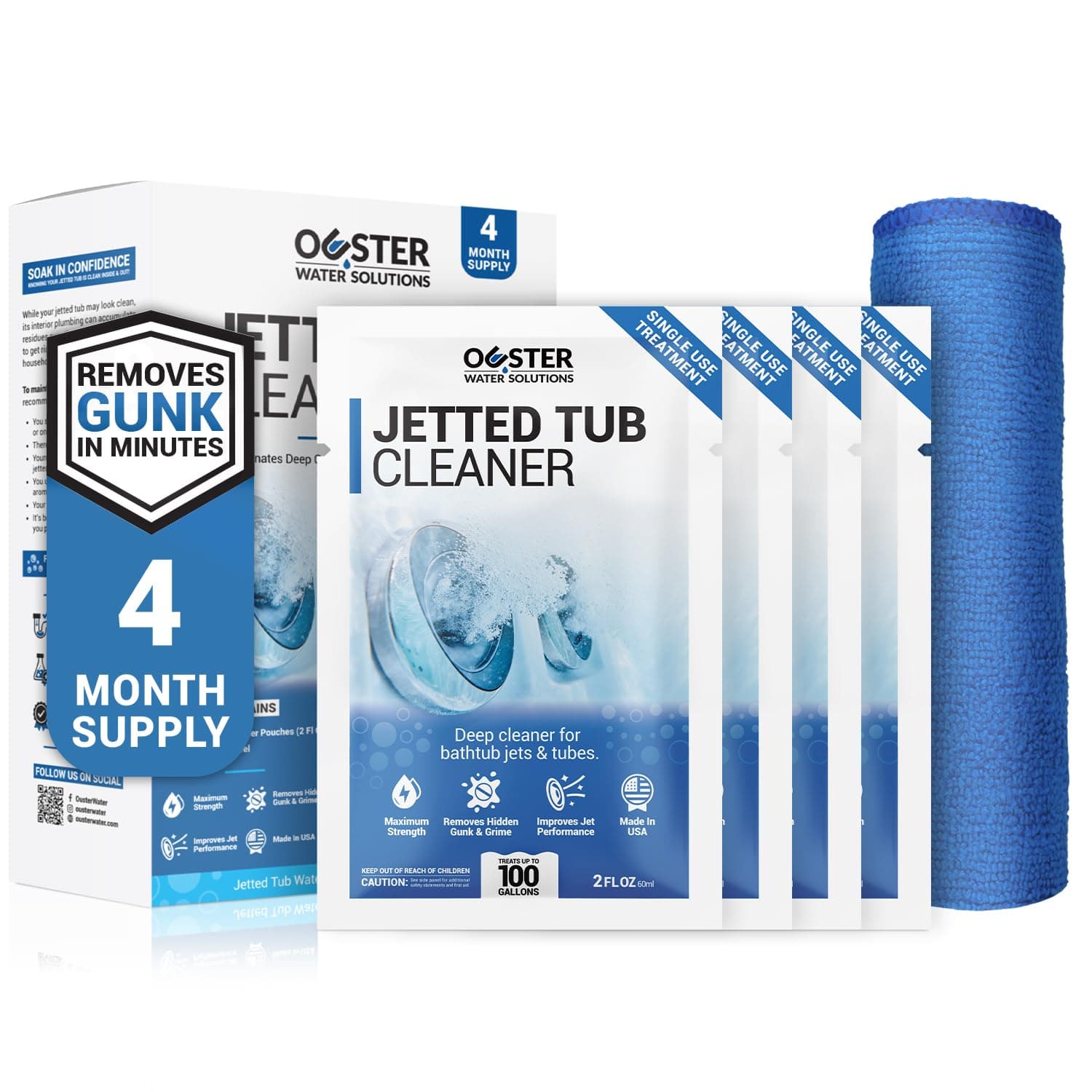 Bio Ouster Jetted Tub Cleaner Kit - Jet and Jacuzzi Tub Cleaner for Jets, Tubes, and Bathtubs - Includes Microfiber Towel - Professional Grade Formula, Made in USA (Kit)