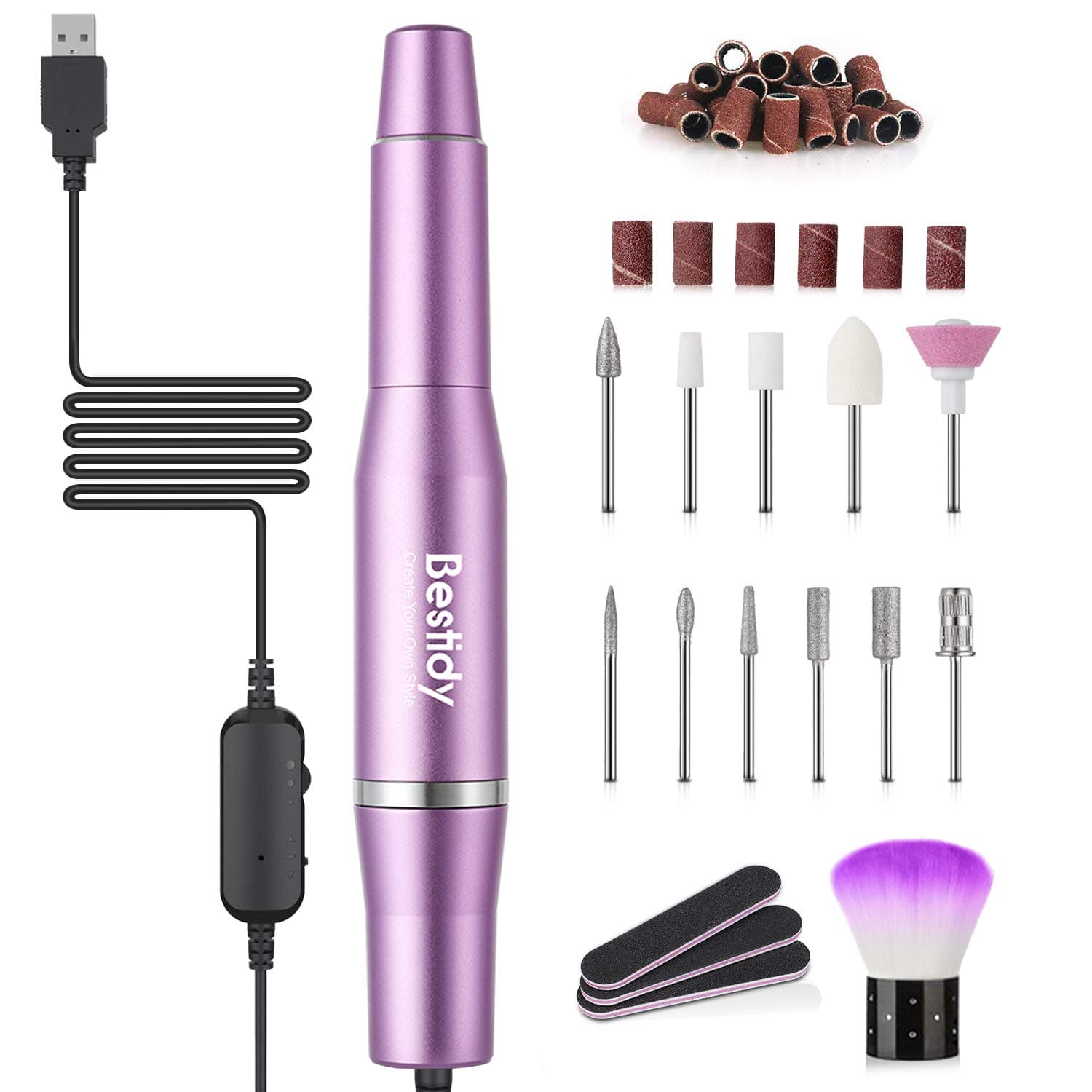 Bestidy Best Gift Electric Nail Drill Kit, USB Manicure Pen Sander Polisher with 6 Pieces Changeable Drills and Sand Bands for Exfoliating, Polishing, Nail Removing, Acrylic Nail Tools (C-Purple)