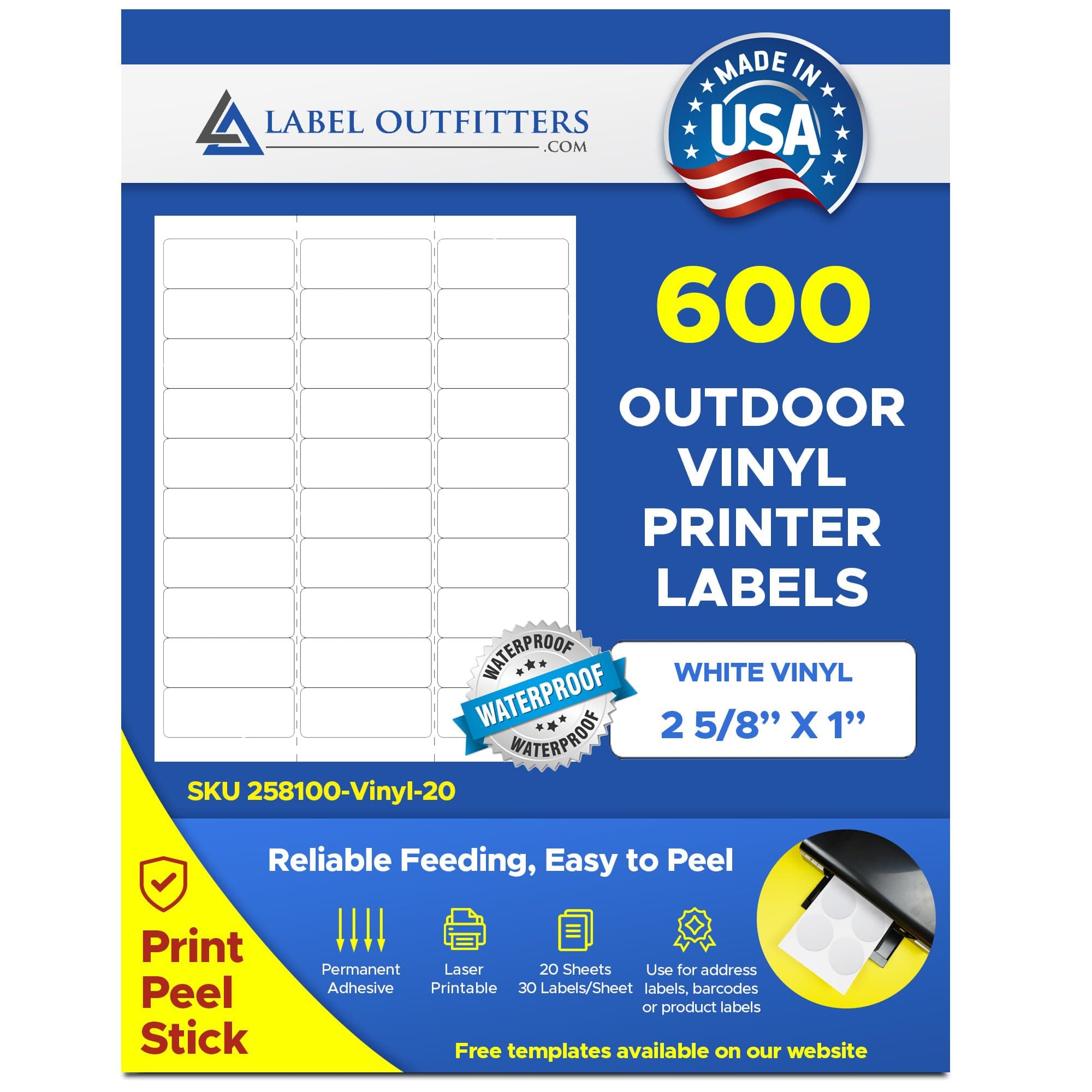 600 Label Outfitters Printable White Outdoor Use Vinyl Laser Labels, 2-5/8 x 1 inches, Laser Only, Waterproof and Weatherproof, 20 Sheet Package